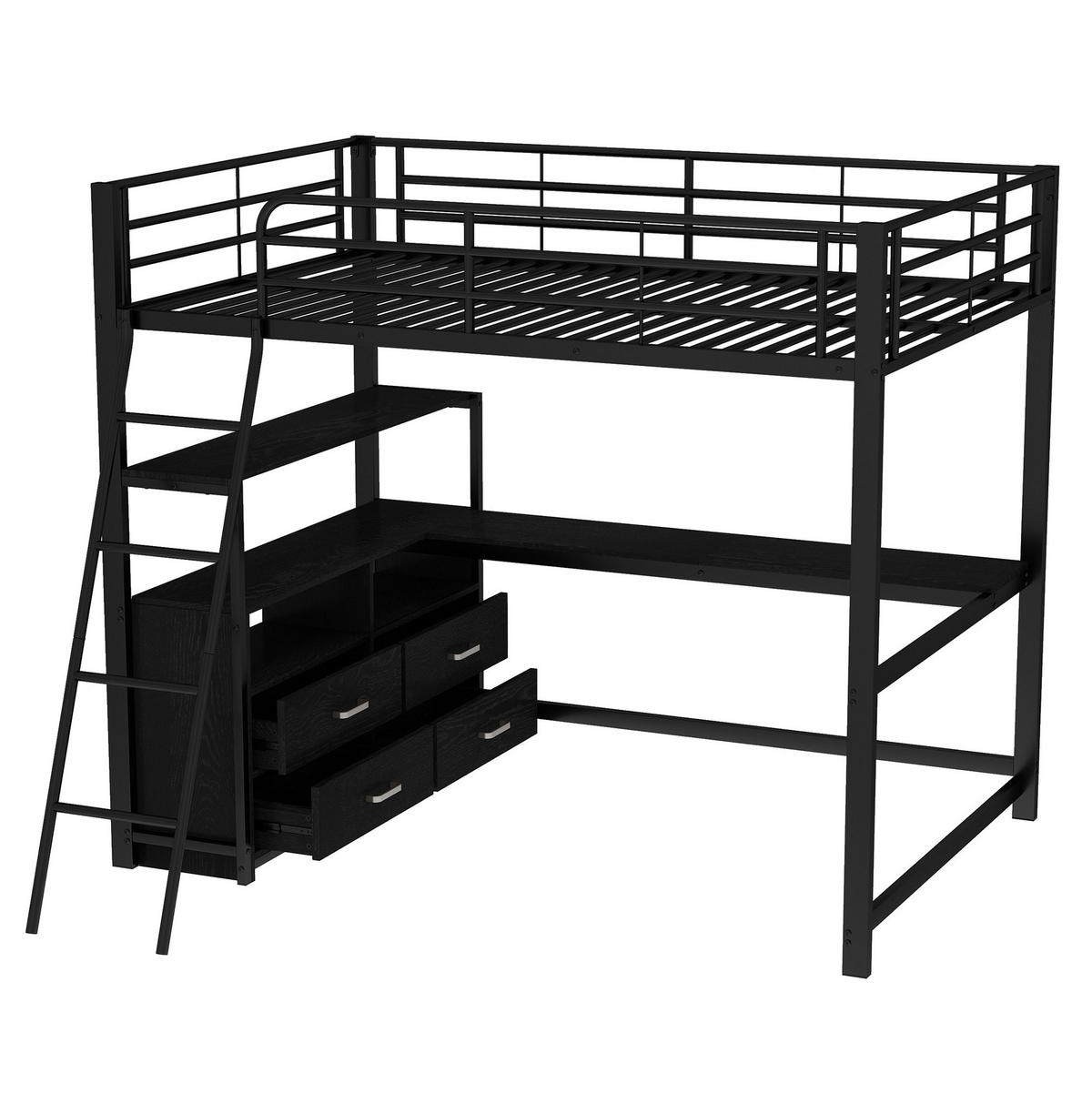 HOCHBETT 140/200 cm aus Metall und MDF mit L-förmigem Schreibtisch und 4 Schubladen Schwarz - Schwarz, Metall (140/200cm) - Modenvie
