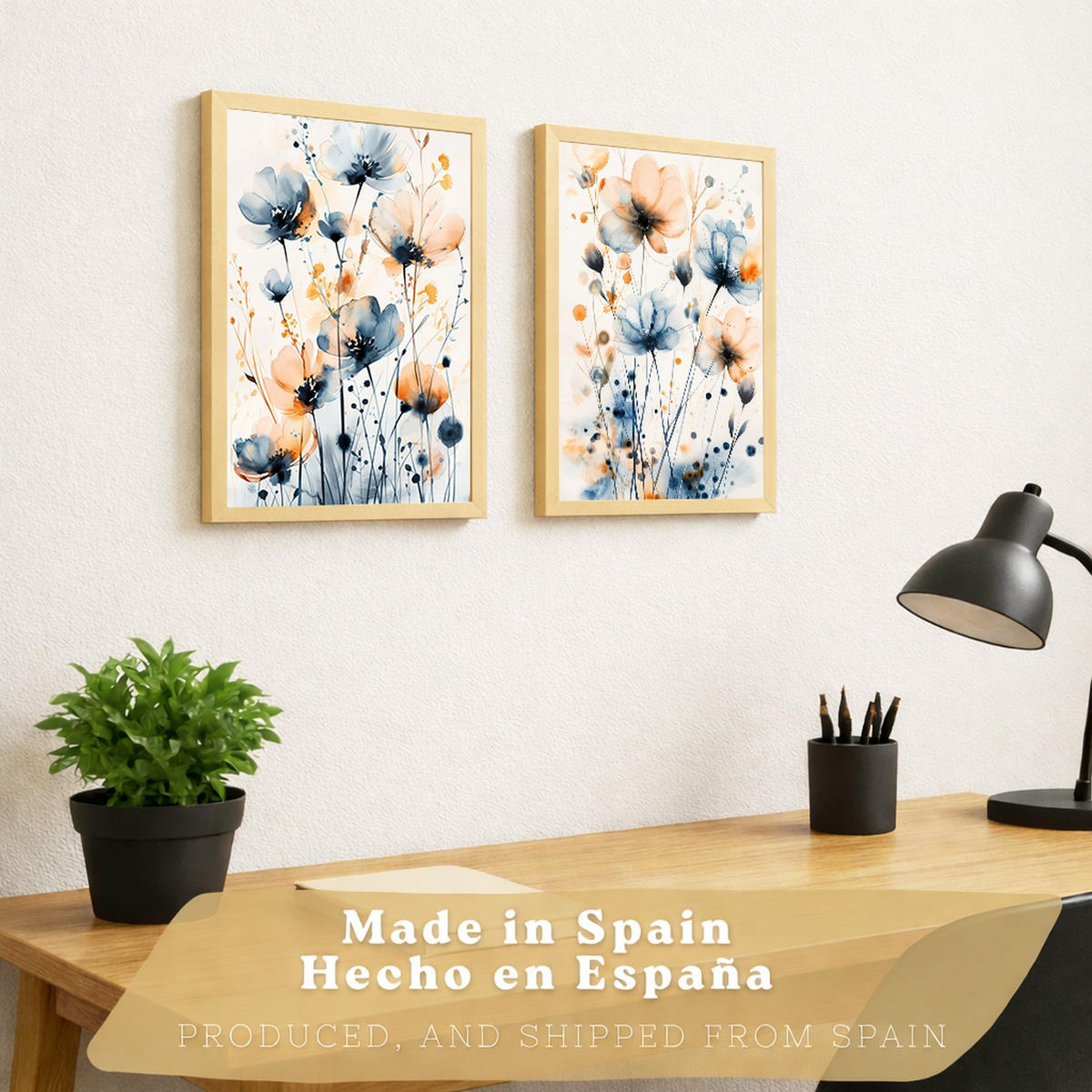 PLAKAT Sada 2 Modro-oranžový květ A3 Lehký dřevěný rám - béžová, papír (29.7/1/42cm) - Nacnic