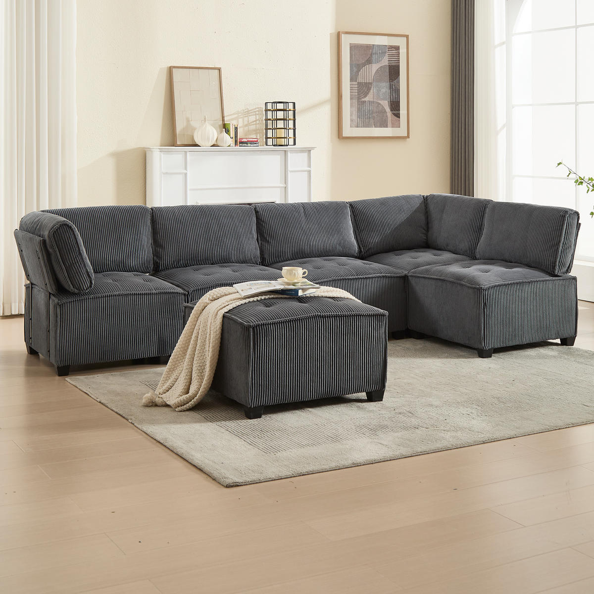 WOHNLANDSCHAFT 308/154/82 cm Grau mit Stauraumtaschen und Fußbank - Grau, Textil (308/82/154cm) - Oxeza