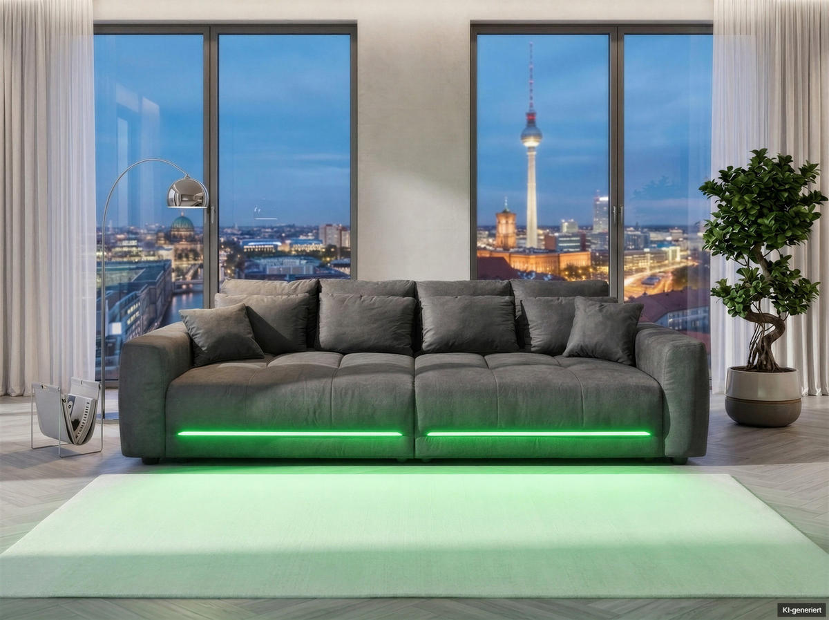BIG-SOFA Federkern B294/T136/H86 cm, RGB-LED-Beleuchtung mit Fernbedienung, Mikrofaserstoff in Anthrazit / 15415 - Anthrazit/Schwarz, Kunststoff/Textil (294/86/136cm) - luma-home