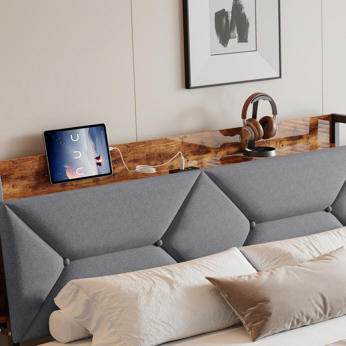POLSTERBETT 140x200 cm Grau, ergonomische geneigte Rückenlehne, Kopfteil mit Schubladen Stauraum, Stahl-Holz Bettrahmen - Grau, Textil (140/200cm) - CASIVA