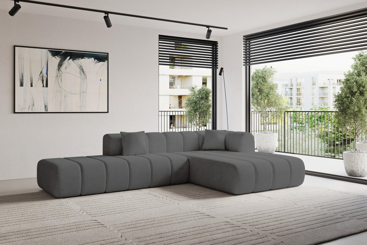 ROHOVÁ SEDAČKA s otomanem, pravá BILA-L 289x176x71 Tmavě šedá Velur - černá/tmavě šedá, kompozitní dřevo/textil (289/176cm) - ALTDECOR
