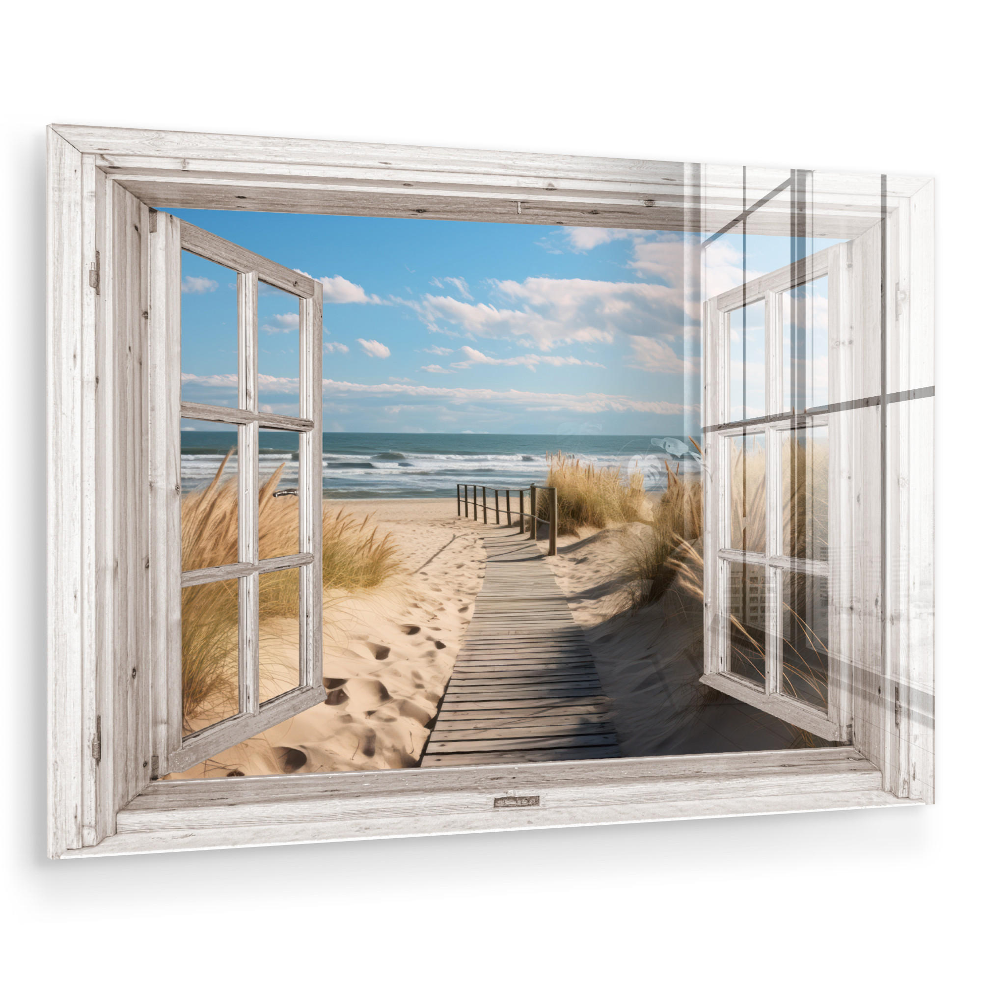 ACRYLGLASBILD Fenster - Meer - Küste - Natur - Ausblick - Strand - Wattenmeer 120x80 cm - Beige, Glas (120/80cm) - MuchoWow