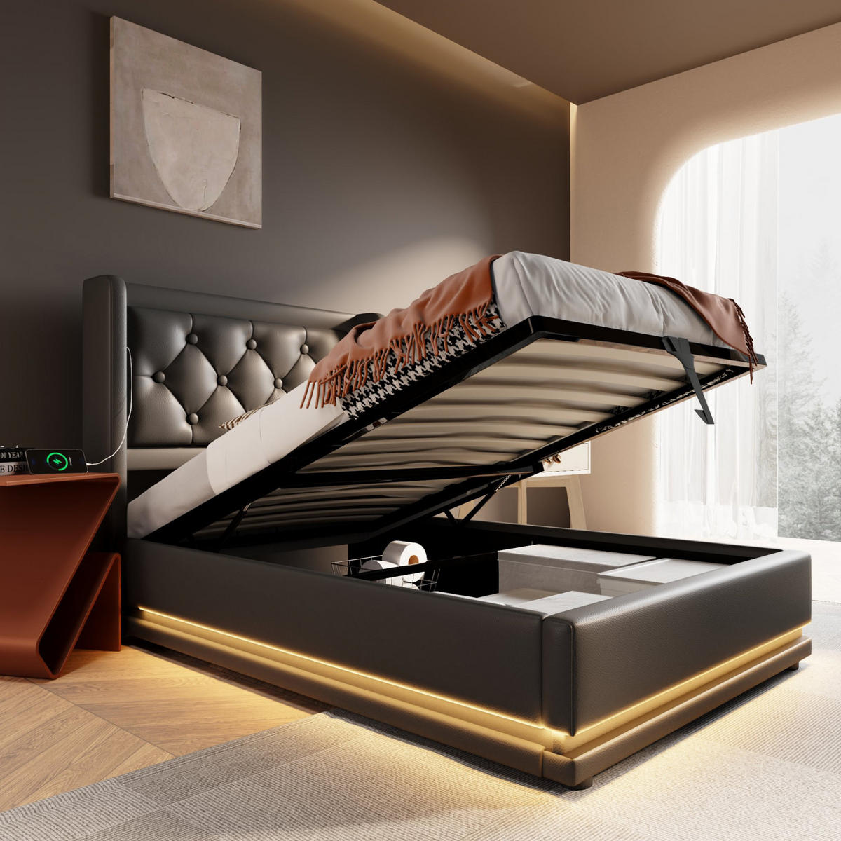 BETT mit Stauraum 90x200 cm PU Schwarz mit LED und USB - Schwarz, Metall (90/200cm) - Meubliv
