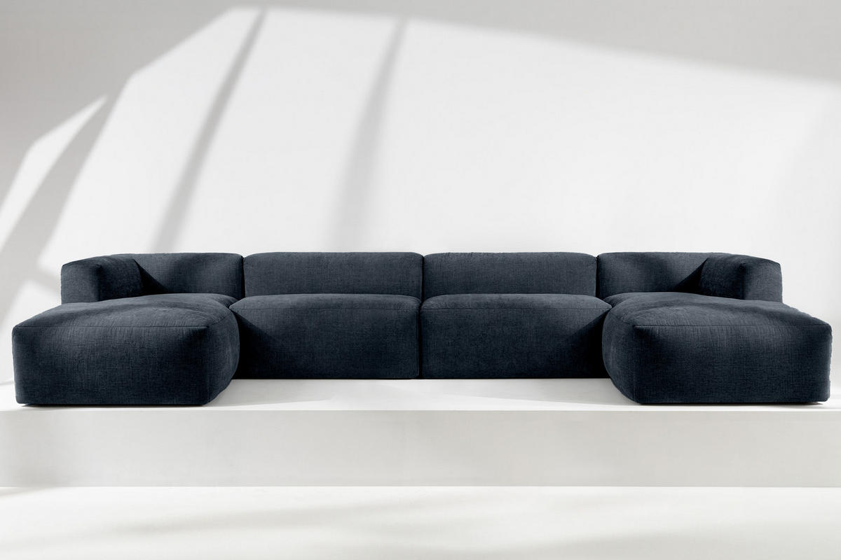 PANORAMA-ECKSOFA BUFFO 7/8 Sitzer mit extrem weicher Sitzfläche, Gewebestoff, dunkelblau - Dunkelblau, Textil (424/73/180cm) - KONSIMO®