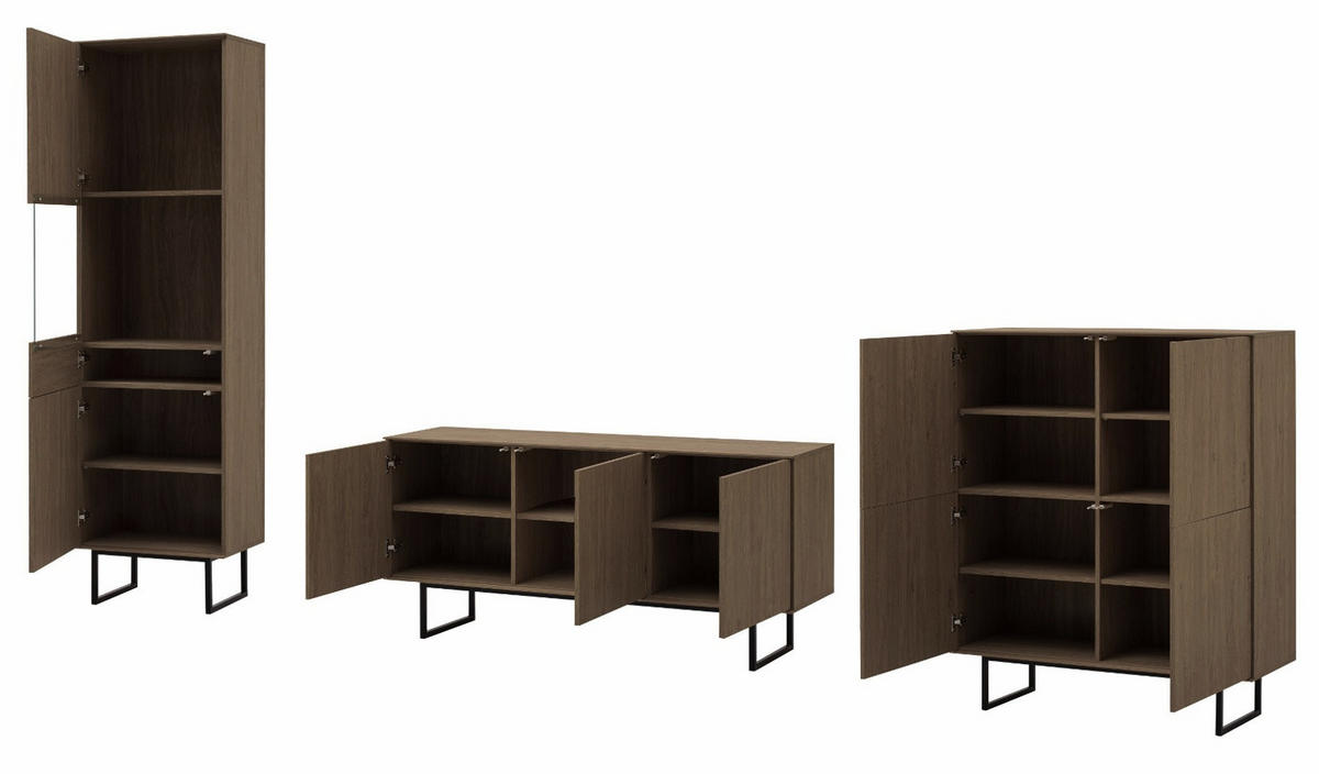 WOHNWAND in Nussbaum 3-teilig 353 cm, Komplett-Set mit Push-to-Open - Nussbaumfarben/Schwarz, Holzwerkstoff/Metall (353/200/40cm) - Furn.Design