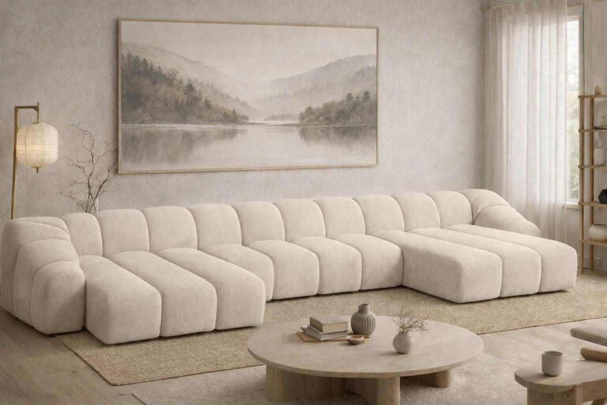 ECKSOFA Modulare U-Form, Veloursstoff Bluvel, Creme, CROISSANT U XL - Creme, Holz (448/72/190cm) - Kaiser Möbel