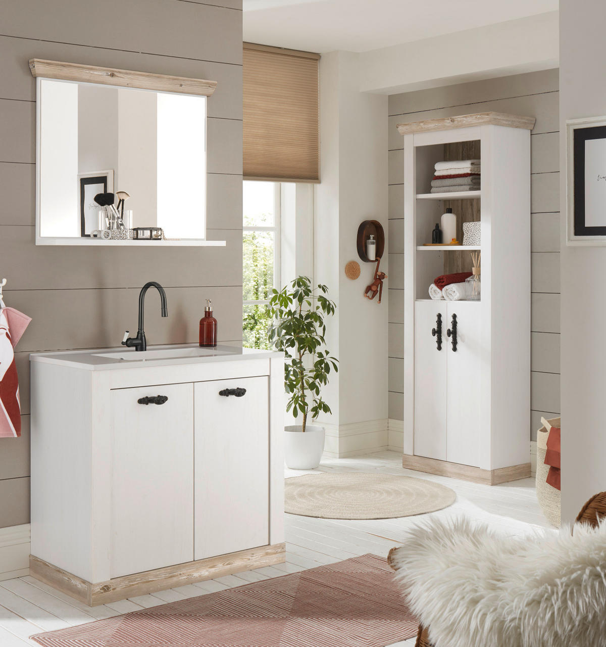 BAD-HOCHSCHRANK Pinie weiß, Oslo Pinie Landhaus, Badschrank, 65 x 200 cm - Dunkelgrau/Weiß, Holzwerkstoff/Metall (65/200/35cm) - Furn.Design