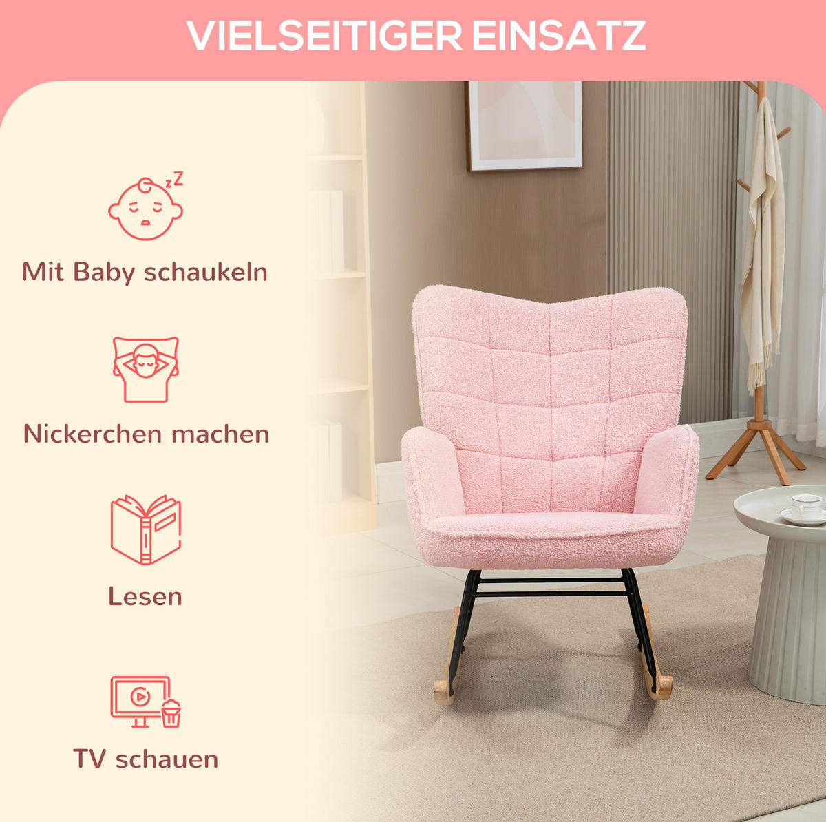 SCHAUKELSTUHL 71/98/101 cm in Rosa mit hoher Rückenlehne und Teddybezug - Rosa, Textil (98/101/71cm) - Flora Grace