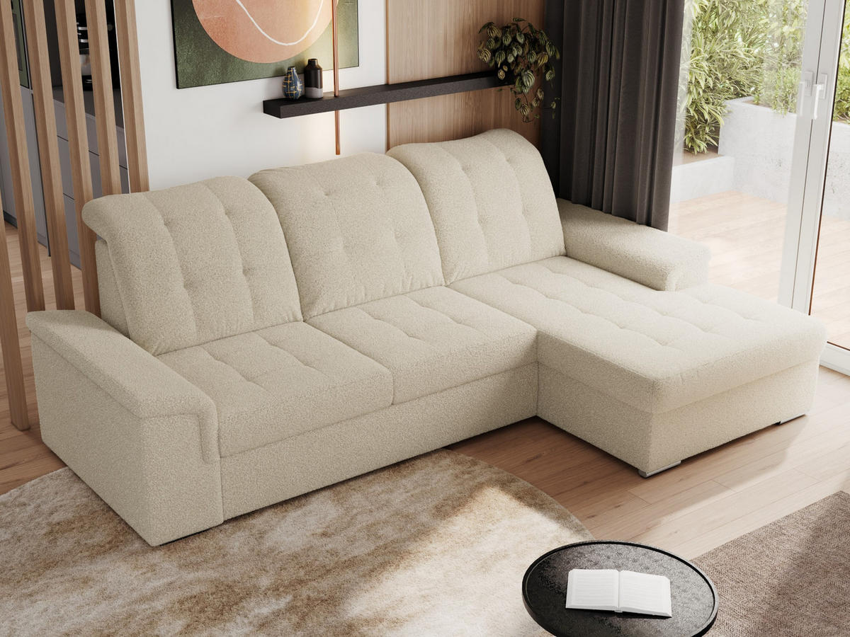 ECKSOFA MADRITO L - Beige Boucle - Rechts - Beige/Silberfarben, Textil/Metall (256/160cm)
