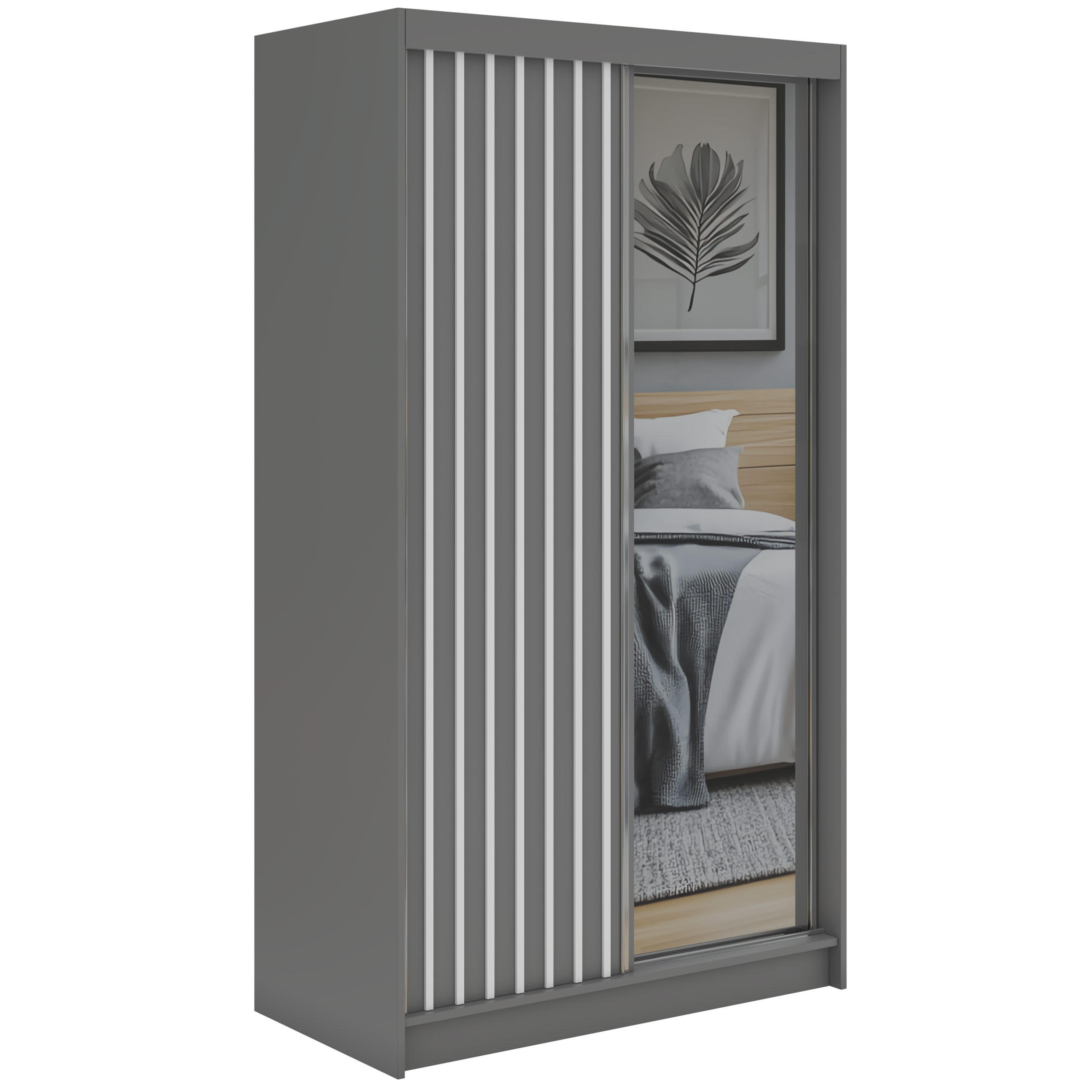 SCHWEBETÜRENSCHRANK mit Spiegel und Schubladen LAOS - 120 - Grau - Weiß Lamellen - Alufarben/Weiß, Holzwerkstoff/Metall (120/216/61cm) - MKS