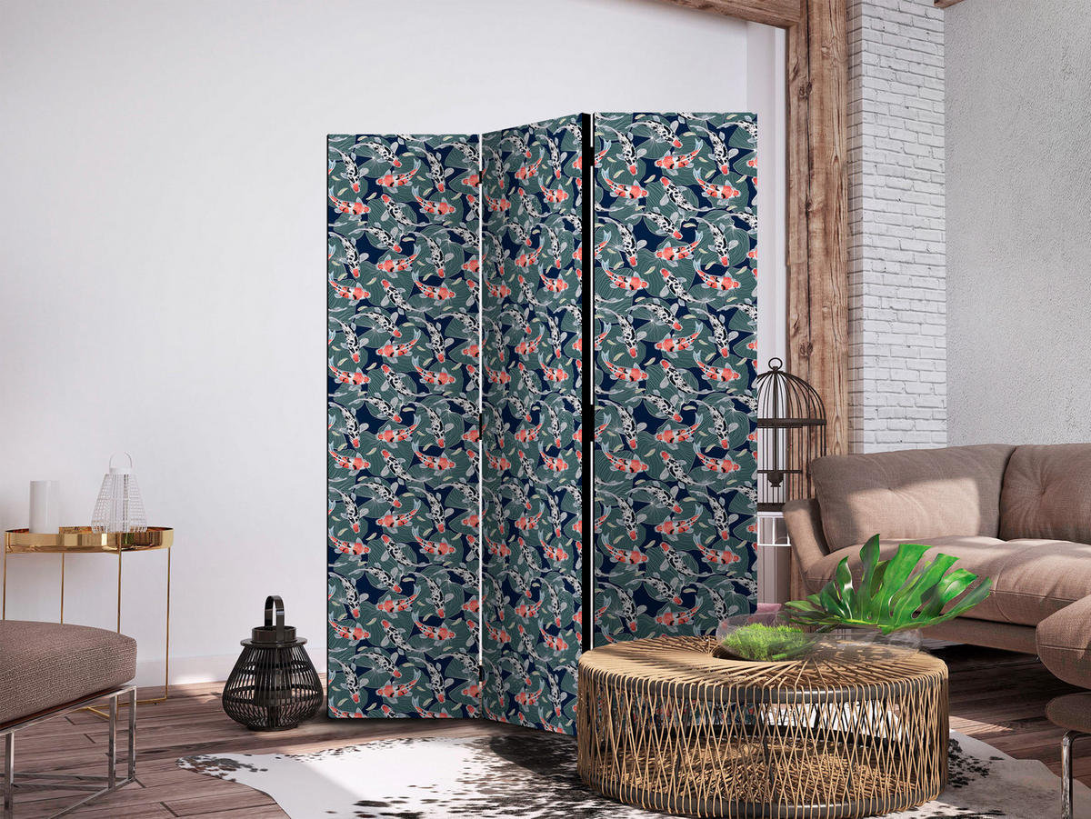 PARAVENT Einseitig Bedruckter 3-tlg 135x172 cm Kois und Bl tter - Multicolor, Holz/Textil (135/172/3cm) - Muralo