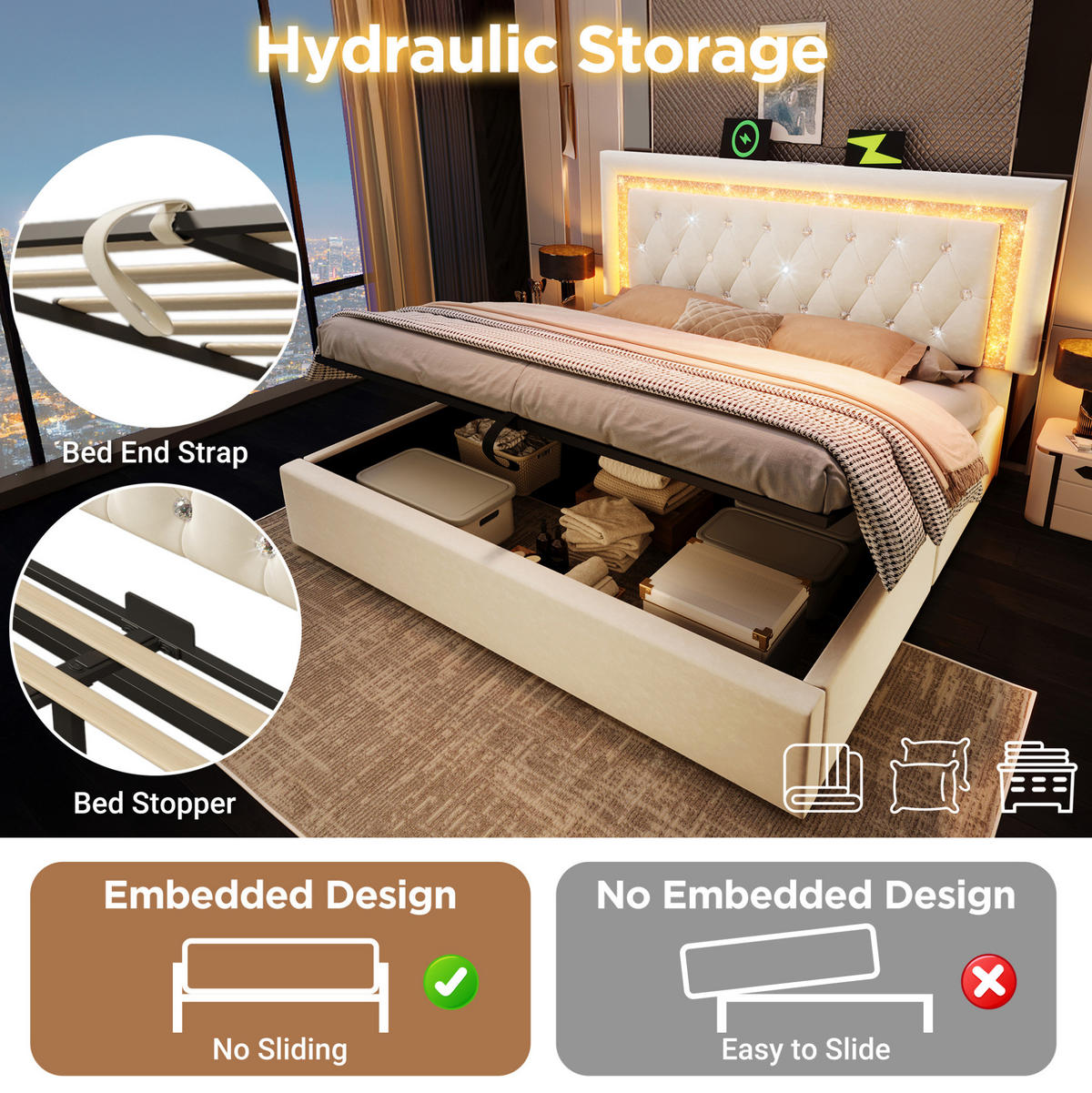 POLSTERBETT 140/200 cm Beige aus Samt mit LED, USB und Stauraum - Beige, Textil (140/200cm) - OKMYHOME