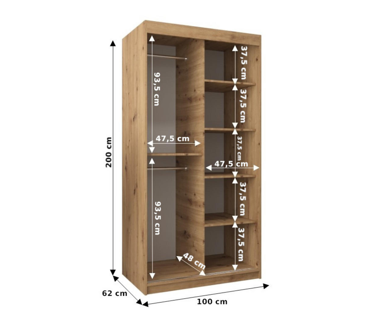 SCHWEBETÜRENSCHRANK 200/100/62 2-türig - Silberfarben/Eiche Artisan, Holz/Kunststoff (100/200/62cm) - MÖBEL KRYSPOL