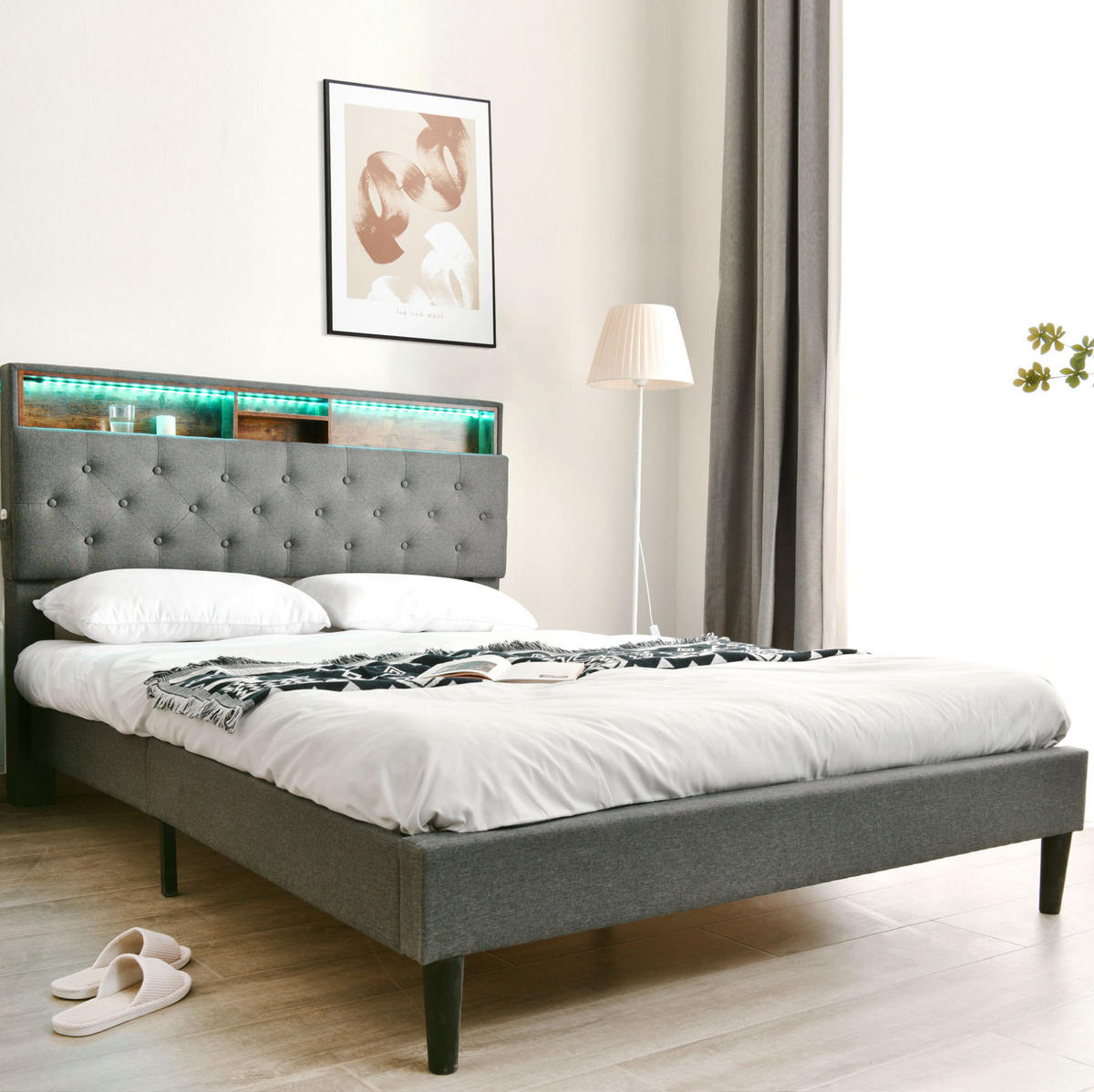 POLSTERBETT aus Massivholz 140x200 cm in Grau mit LED & Matratze - Grau, Holz (140/200cm) - Modfu