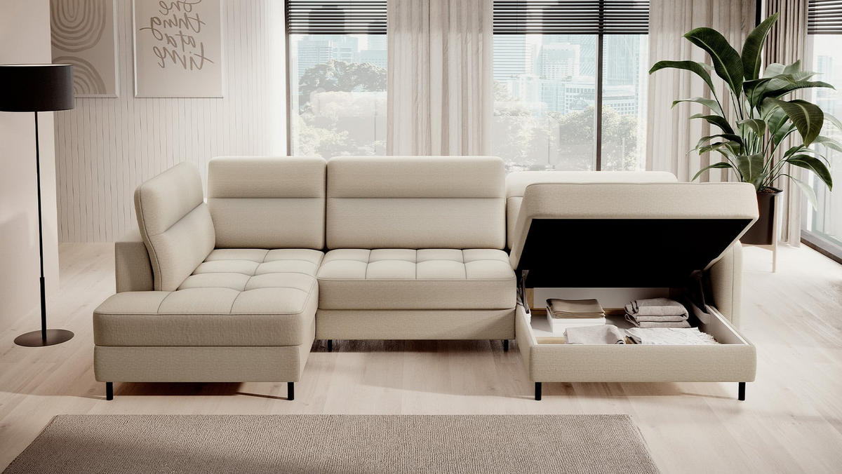 WOHNLANDSCHAFT mit Schlaffunktion und Bettkasten, verstellbare Kopflehnen - Beige/Schwarz, Textil/Metall (165/100/306cm) - Eltap