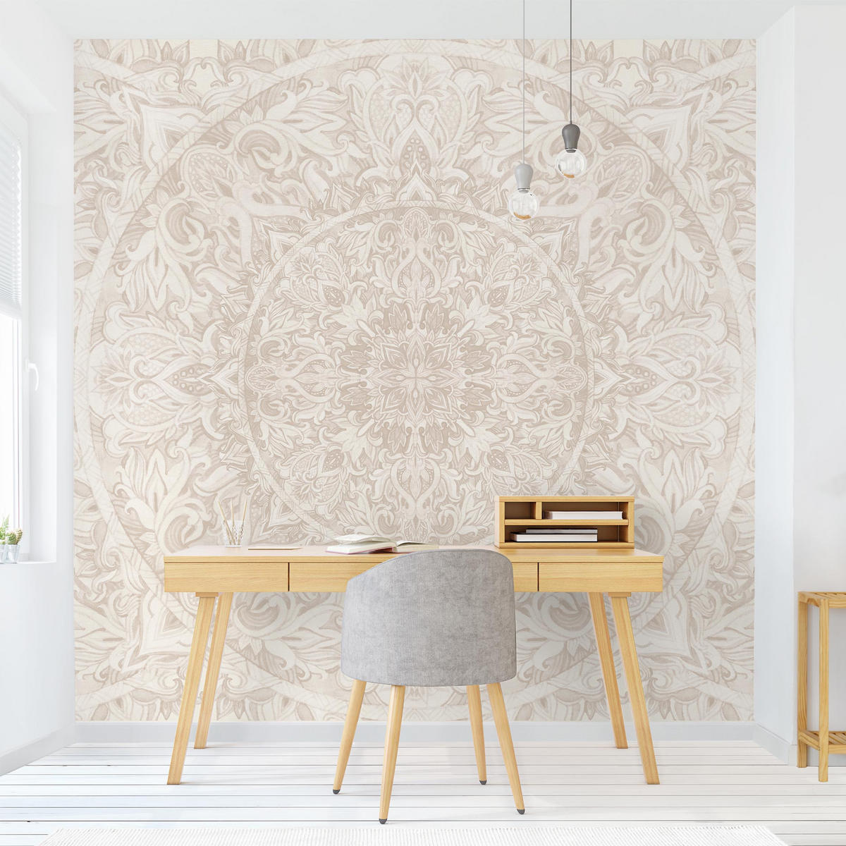 FOTOTAPETE Mandala Aquarell Muster Ornament beige 192/192 cm - Eichefarben, Papier (192/192cm) - Bilderwelten