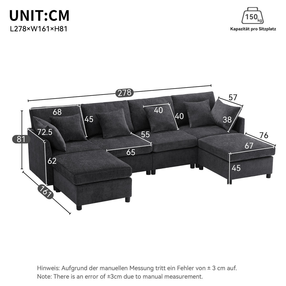 WOHNLANDSCHAFT Chenille Grau mit 2 Hocker und 6 Kissen - Grau, Holzwerkstoff/Kunststoff (278/81/161cm) - WISHDOR