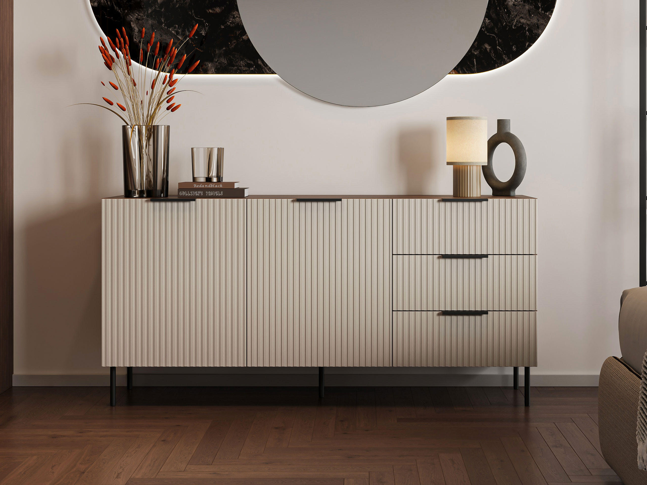SIDEBOARD Almera 01 - Kaschmir/Nussbaumfarben, Holzwerkstoff/Metall (156/76/42cm) - MIRJAN24