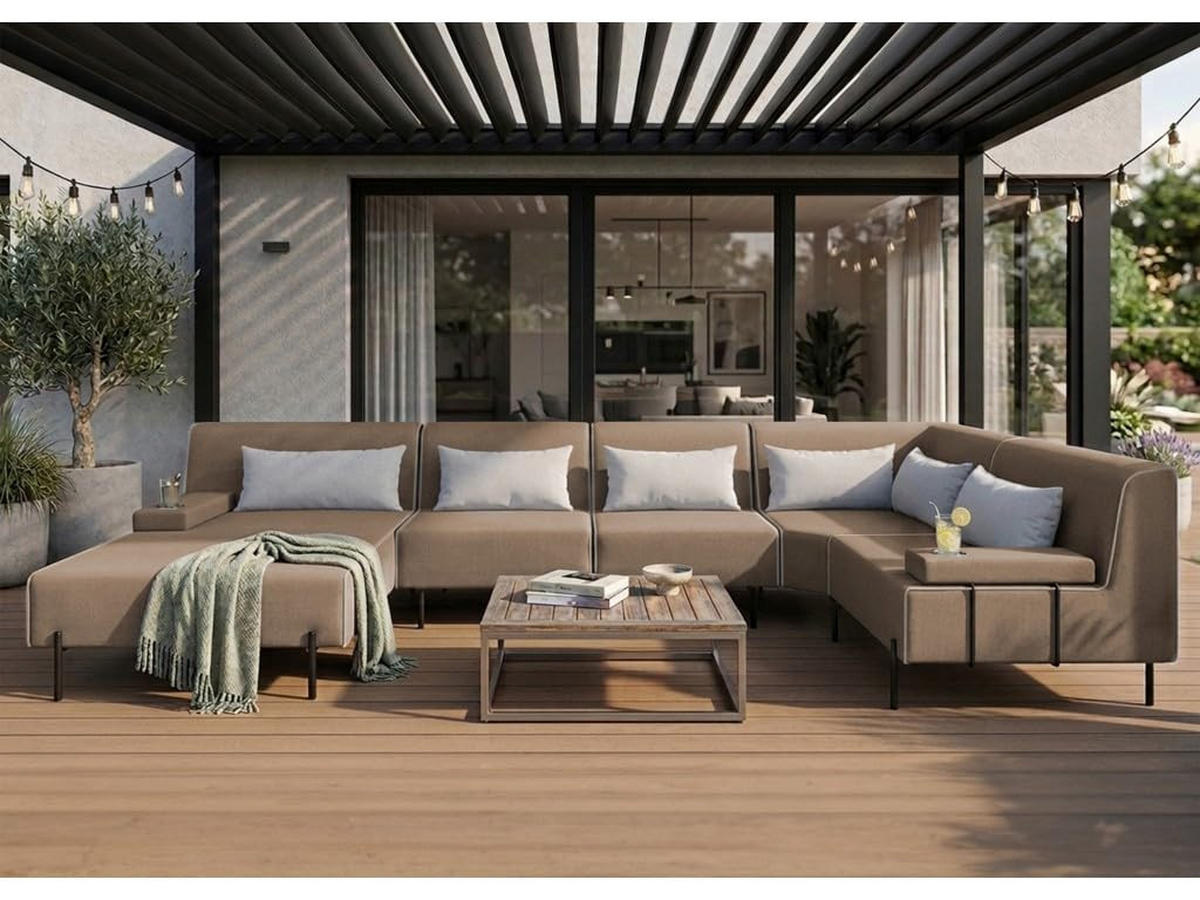GARTENSOFA BORNEO XL Wetterfest 370x222x86 cm, Rechts, Solide Konstruktion, HR-Schaumfüllung, Wetterfeste Bezugstoff, Beige - Beige, Holz/Metall (370/86/222cm) - Trada