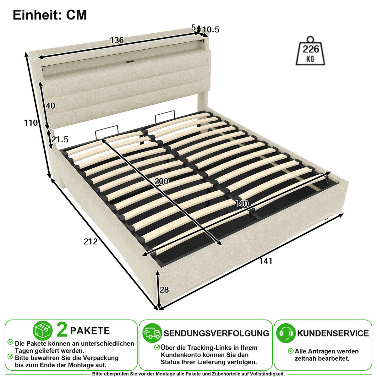 POLSTERBETT 140/200 cm in Beige mit Bettkasten, LED, USB und Type-C Leinen - Beige, Holzwerkstoff/Textil (140/200cm) - CHICFURN