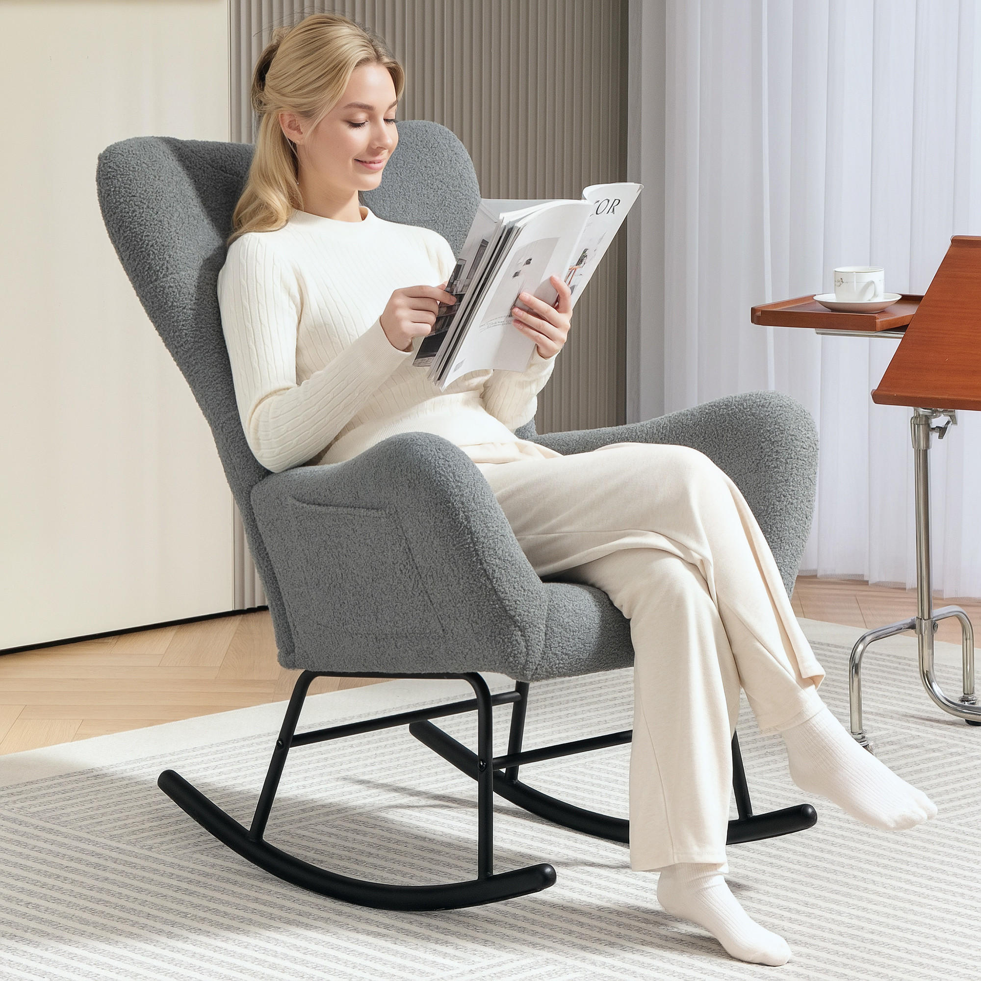SCHAUKELSTUHL mit Teddystoff-Optik, Grau - Grau, Textil (95/100/67cm) - HOMCOM