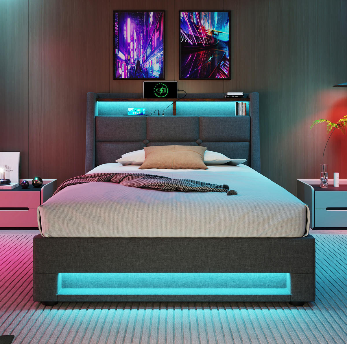 POLSTERBETT 90/200 cm Grau mit Bettkasten, LED und USB - Grau, Textil (90/200cm) - Flora Grace