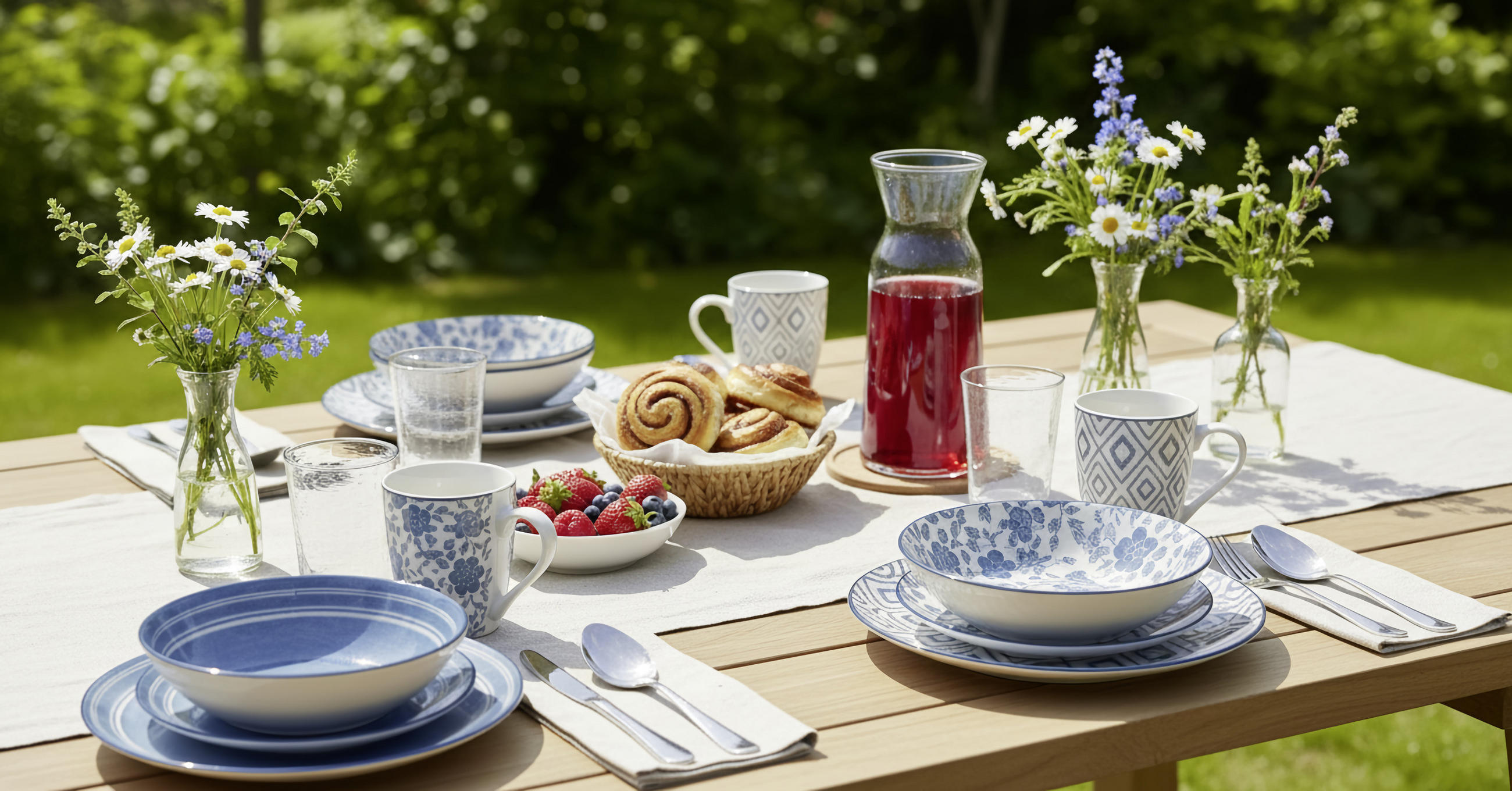 kék mintás étkészlet, kerti étkezőasztal, üveg váza, vadvirágok, üveg kancsó piros itallal, péksütemény
