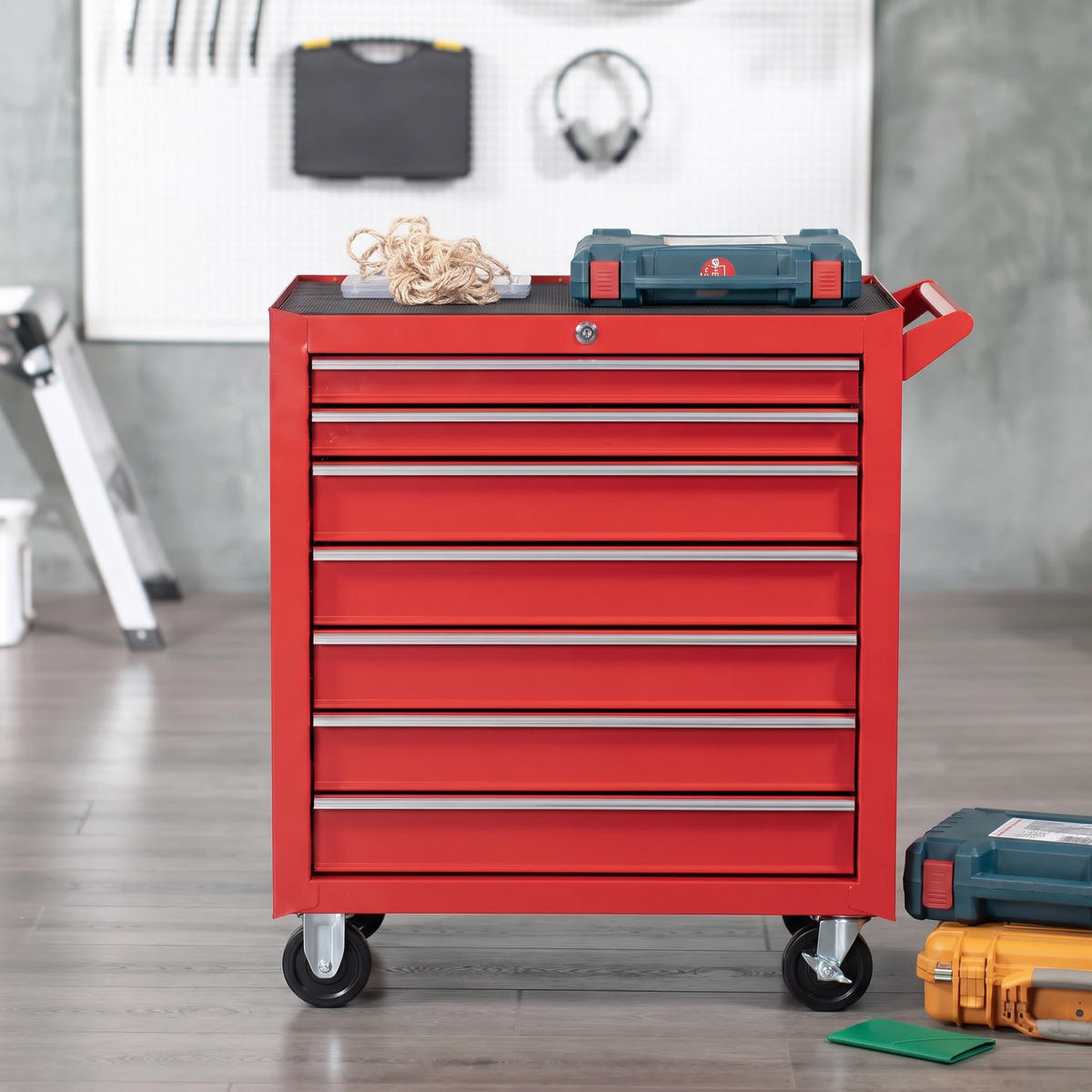 WERKSTATTWAGEN mit Rollen, Werkzeugwagen mit 7 Schubladen, abschließbar Stahl - Rot, Metall (33/75/69cm) - DURHAND