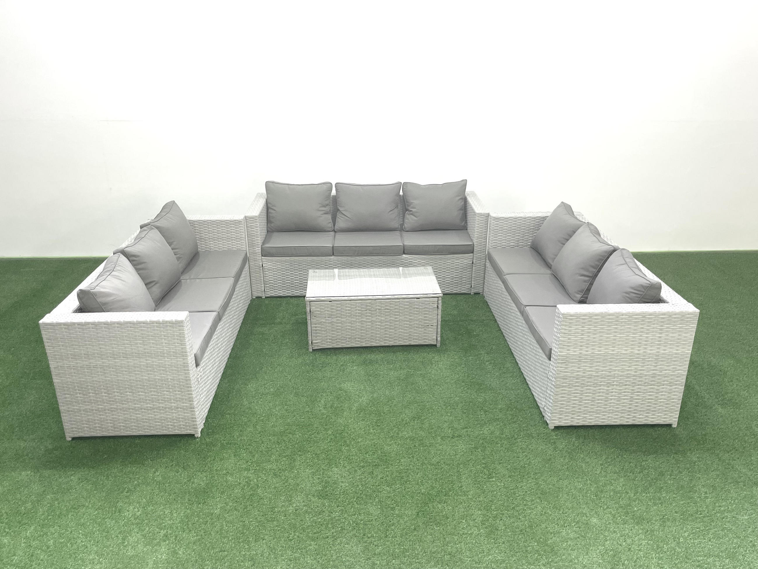 GARTENSET mit 3-SITZER SOFA,COUCHTISCH Polyrattan Hellgrau-Mix 9-Sitzer - Hellgrau/Grau, Glas/Kunststoff - Fimous