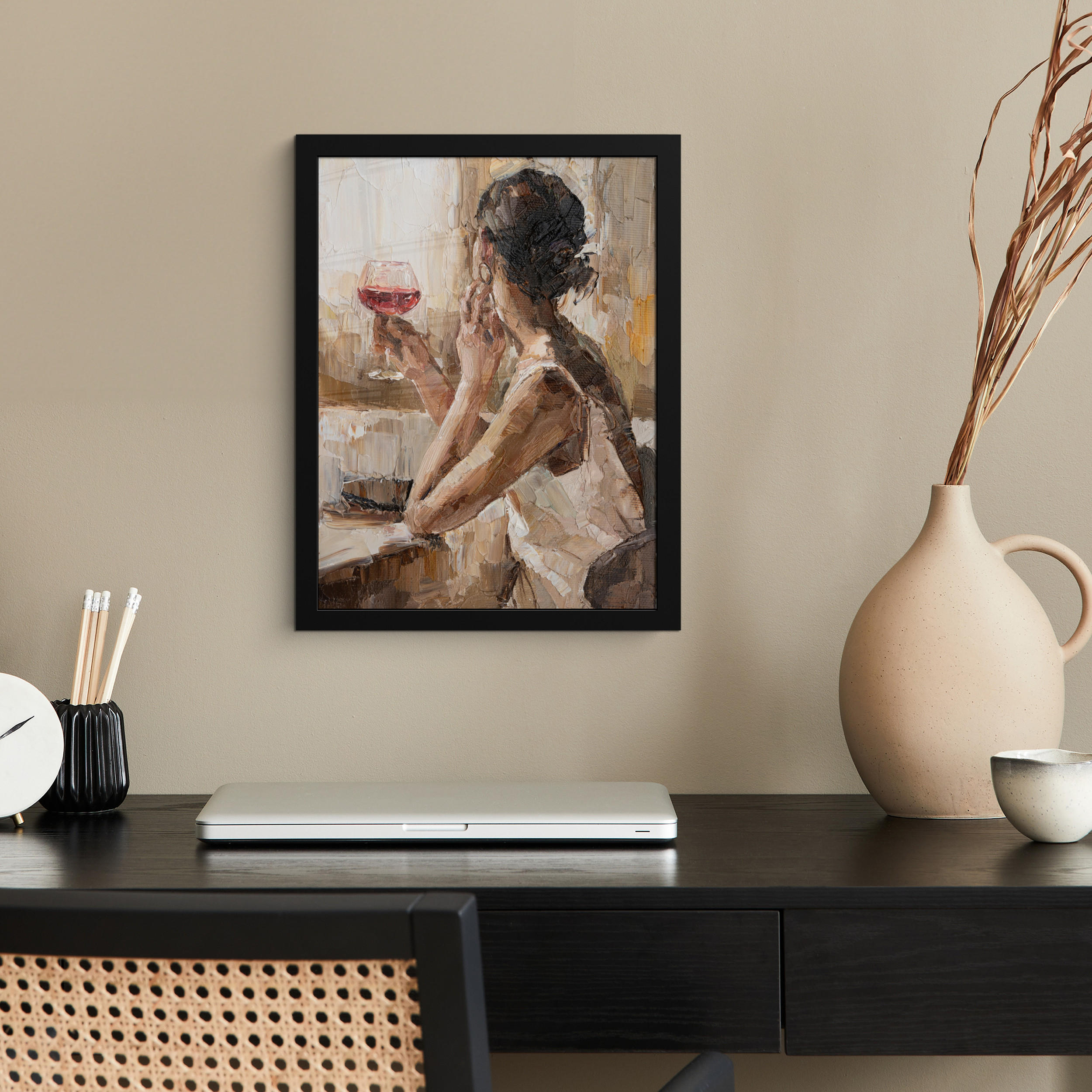 GERAHMTES BILD Ölgemälde - Frau - Wein 30x40 cm - Hellbraun, Papier (30/40cm) - MuchoWow
