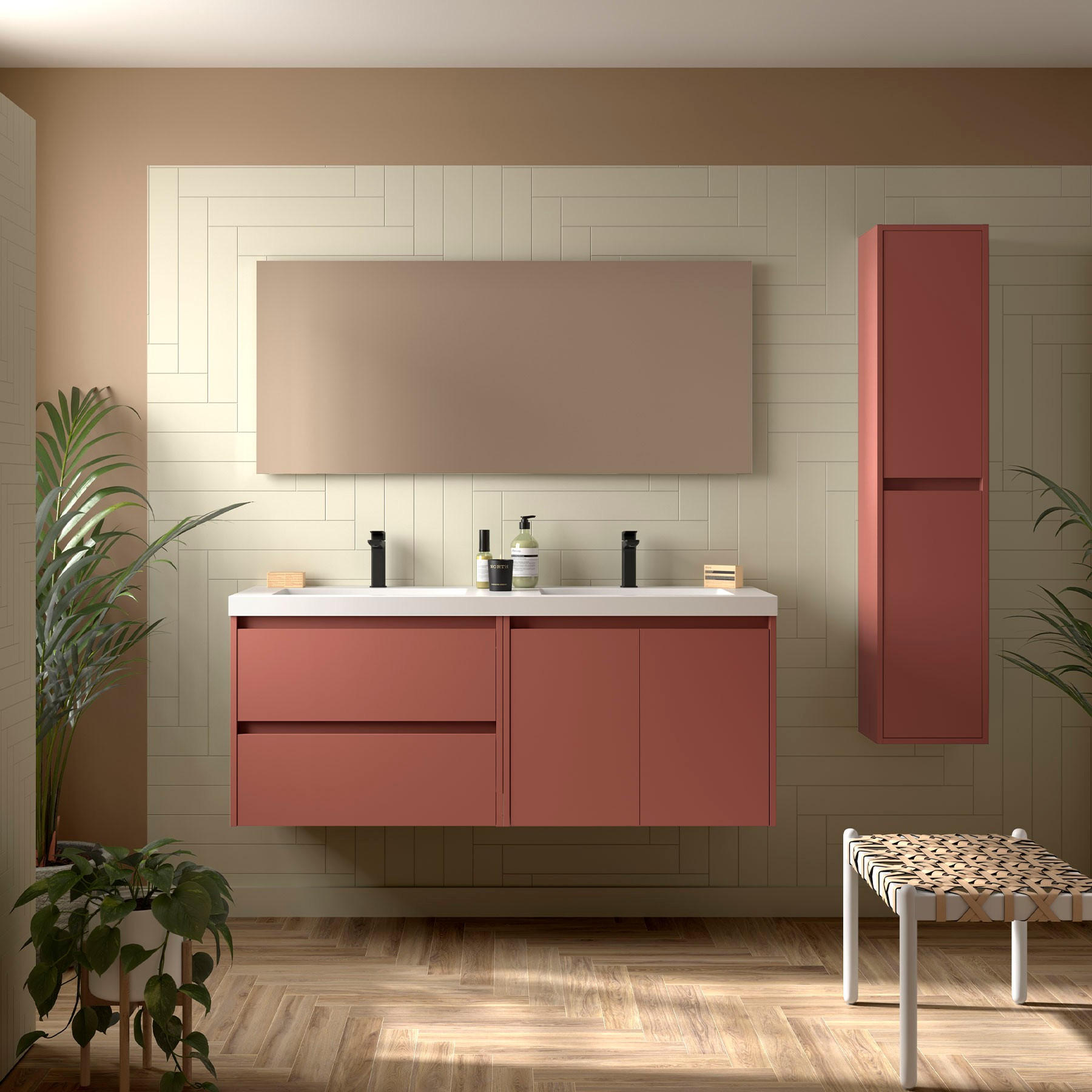 BADEZIMMERMÖBEL NOJA 1400 2 Türen und 2 Schubladen RED SATIN + Waschtisch + Spiegel - Schwarz, Metall (45/54/140cm) - Salgar