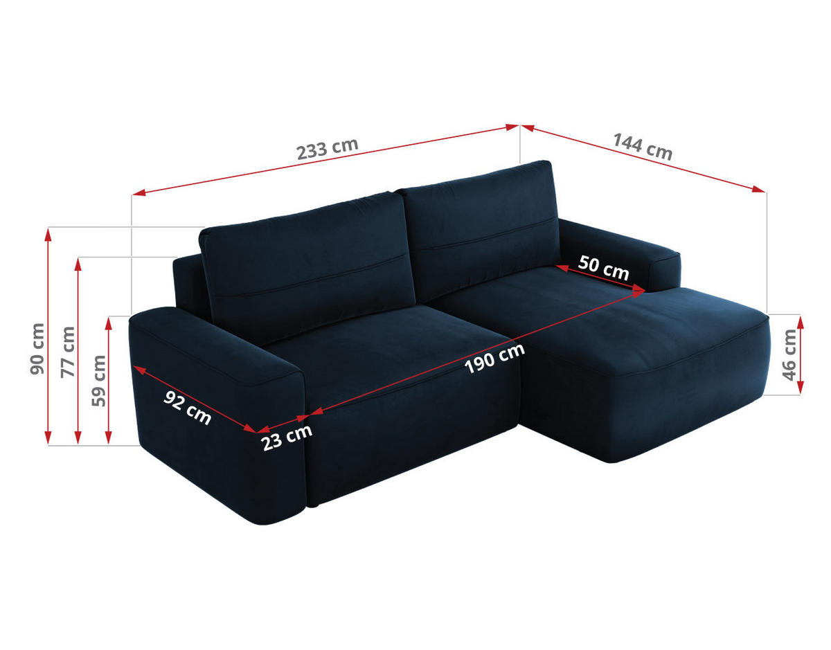 ECKSOFA BELLUNO L Dunkelblau Velvet - Rechts - Blau/Schwarz, Textil (233/144cm) - MKS