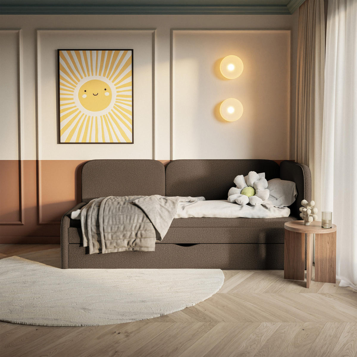 ČALOUNĚNÁ postel Cuddy, čelo vpravo, pletená látka hnědá, 90x200 cm - černá/hnědá, textil/plast (90/200cm) - Selsey