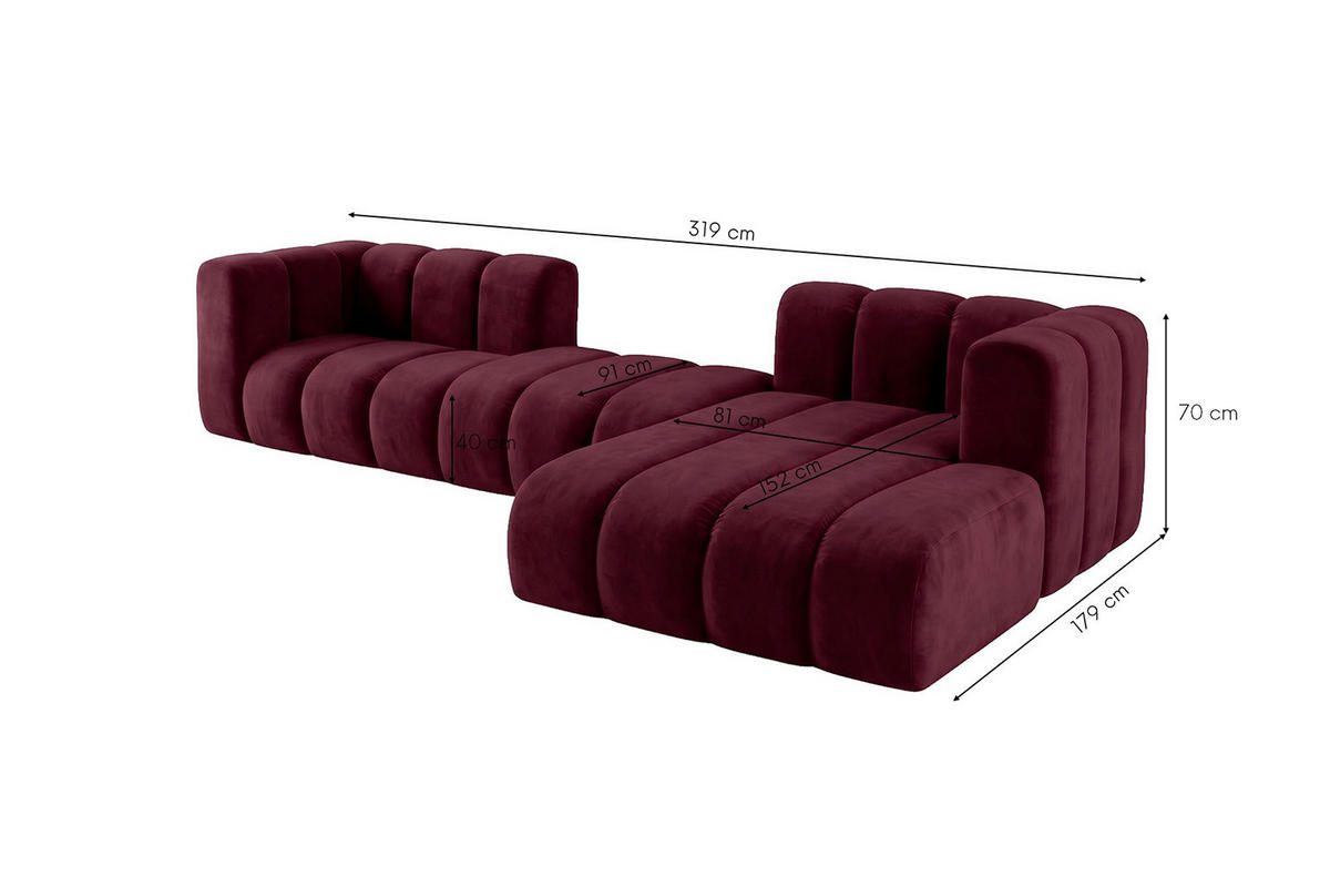 ECKSOFA Modulares In L-Form, Velvet-Stoff Riviera, Rotwein, Rechts, GRAND 319 cm - Dunkelrot, Holz (319/175cm) - Kaiser Möbel