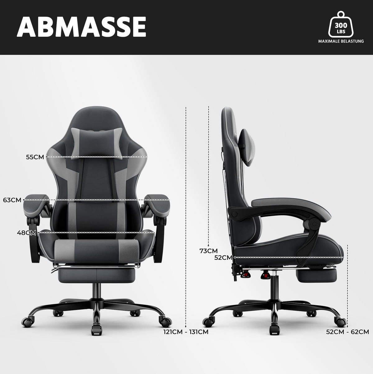 GAMING-STUHL ergonomisch verstellbar PVC Black Gray - Schwarz, Kunststoff (63/120.5/58.5cm) - Meubliv