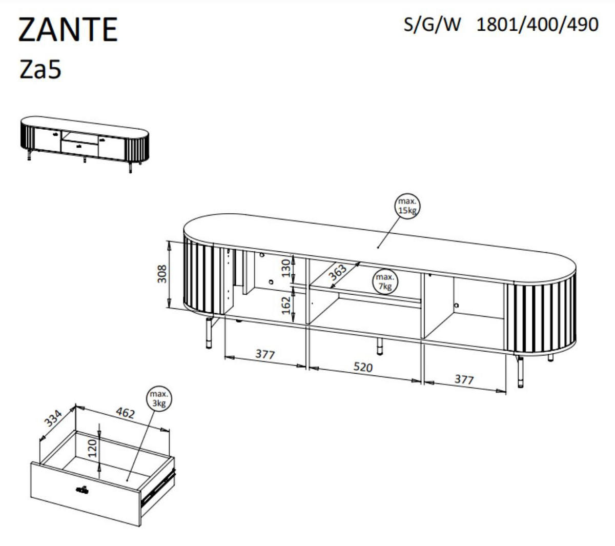TV-SCHRANK Zante Schwarz mit Schublade - Schwarz, Holzwerkstoff (180/49/40cm) - Bettso