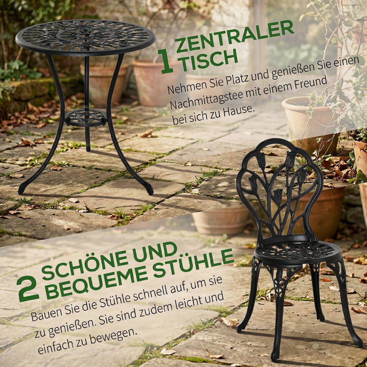 SITZGRUPPE DE-07293 für 2 Personen mit Tisch und Klappstühlen Schwarz - Schwarz, Metall - ComfortXL
