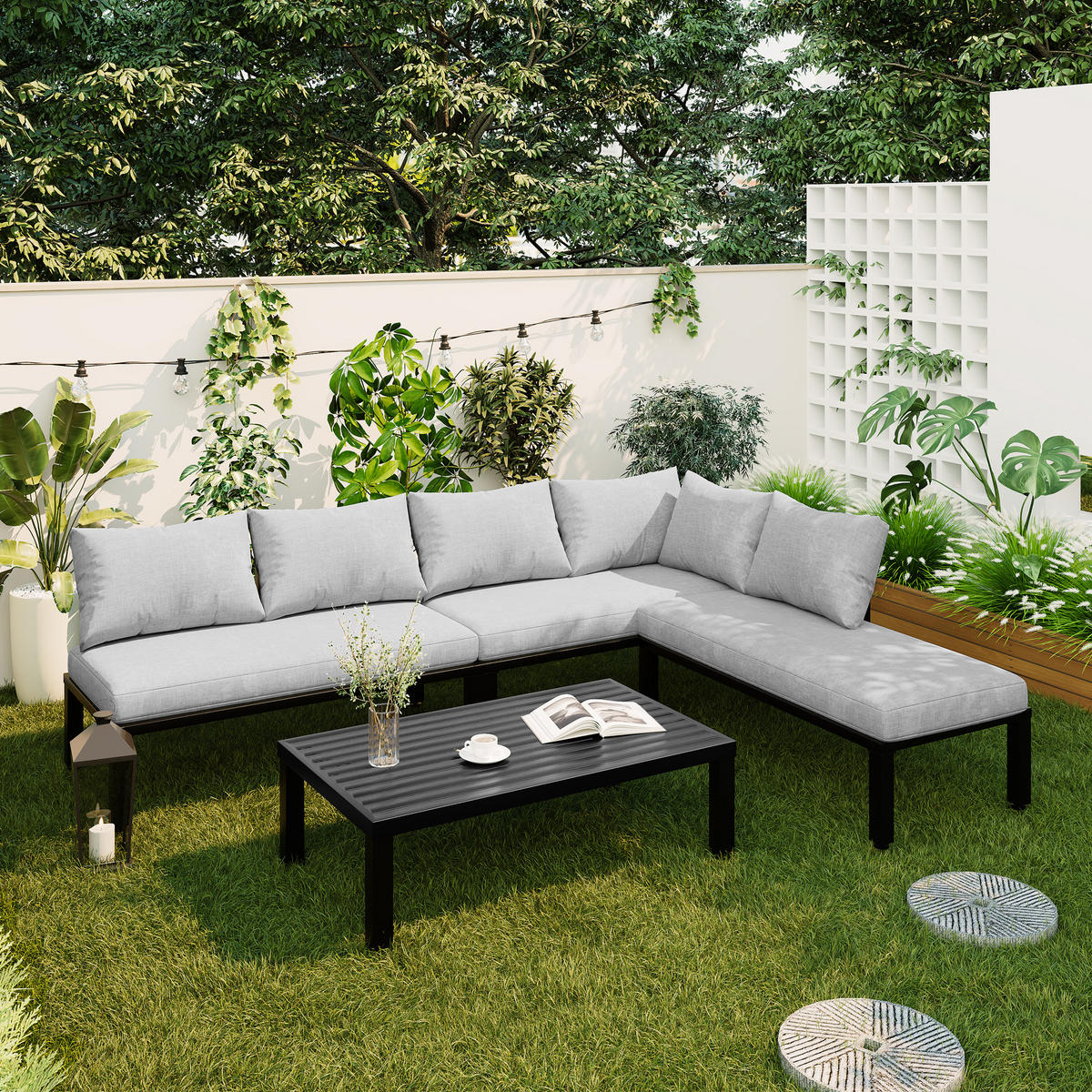 GARTENMÖBEL-SET 6 Sitzer Sofa Tisch Stahl Verstellbar Grau - Grau, Textil (194/84/260cm) - FLIEKS
