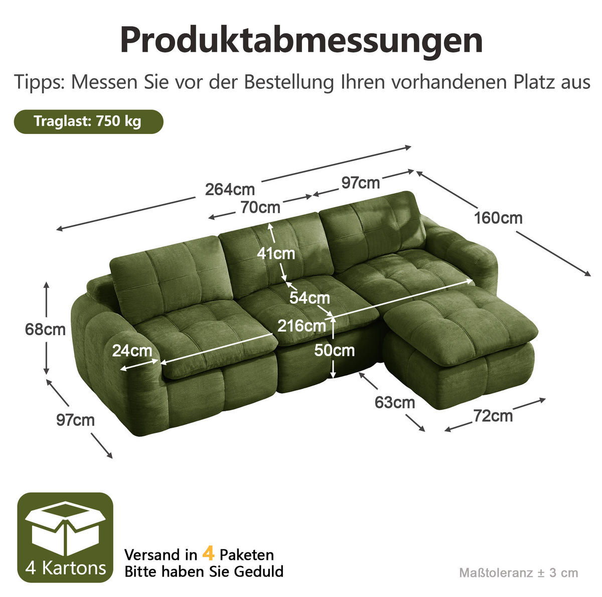 SOFA 264/160/68 cm in Grün aus Chenille mit modularem Aufbau und Hocker - Grün, Textil (160/68/264cm) - Flora Grace