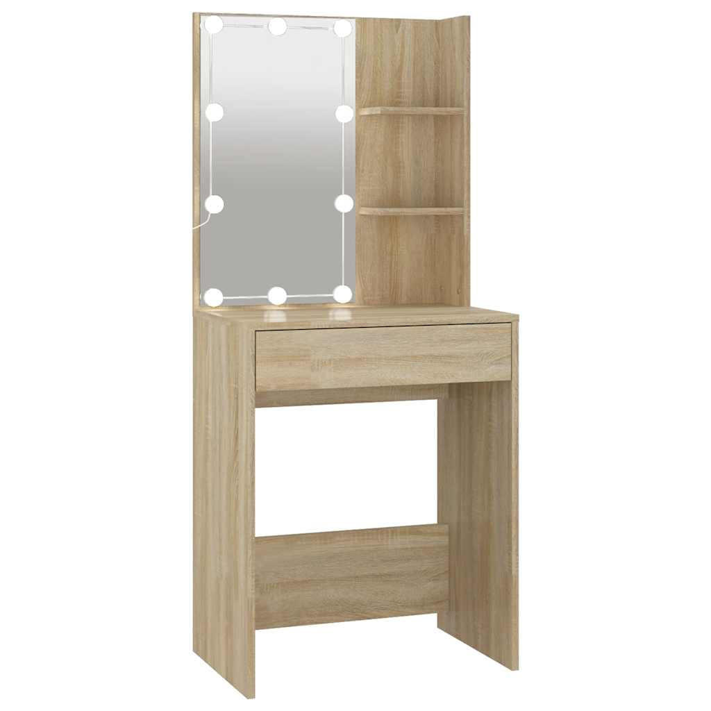 SCHMINKTISCH mit LED und Schublade, 60/40/140 cm, aus Holzwerkstoff, Sonoma-Eiche - Braun, Holz (40/140/60cm) - vidaXL