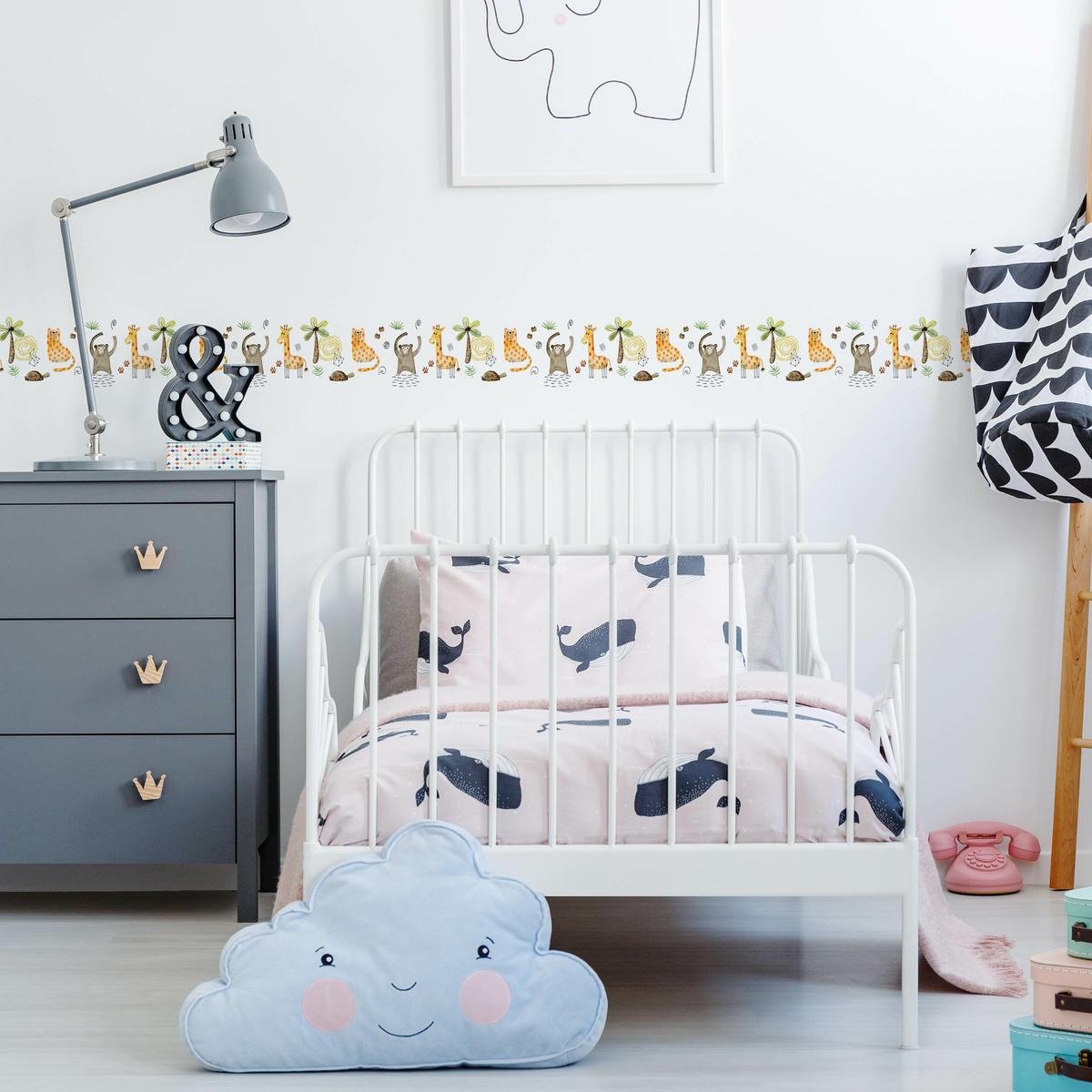 TAPETENBORDÜRE selbstklebend für Kinder wilde TIERE tropische Pflanzen - Beige/Schwarz, Papier (10/300/300cm) - Muralo