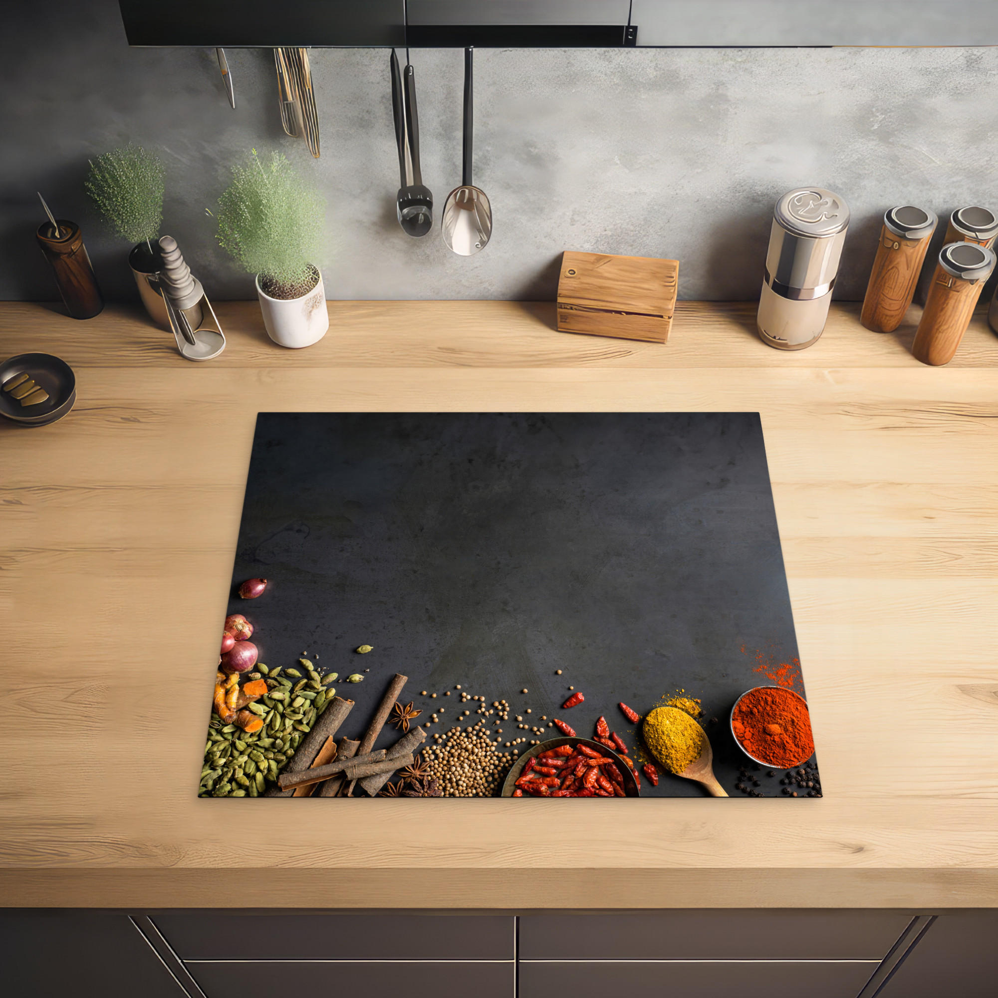 HERDABDECKPLATTE Kräuter - Lebensmittel - Gewürze - Schwarz - Paprika - Zimt 59x51 cm - Currygelb, Kunststoff (59/0.2/51cm) - MuchoWow