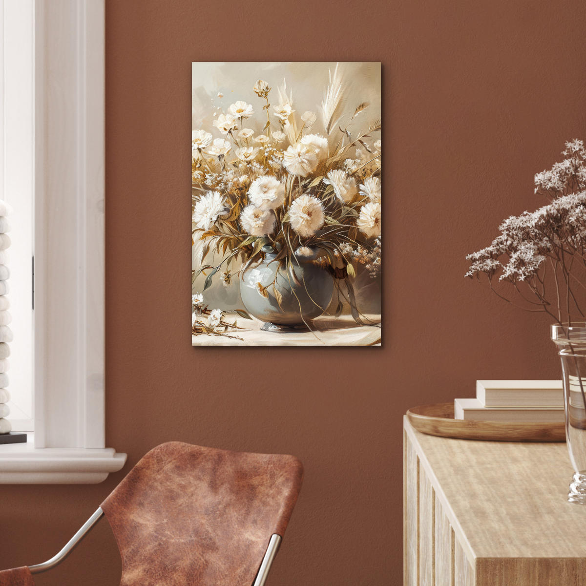 METALLBILD Blumen - Vase - Stilleben - Beige 40x60 cm - Creme, Metall (40/60cm) - MuchoWow