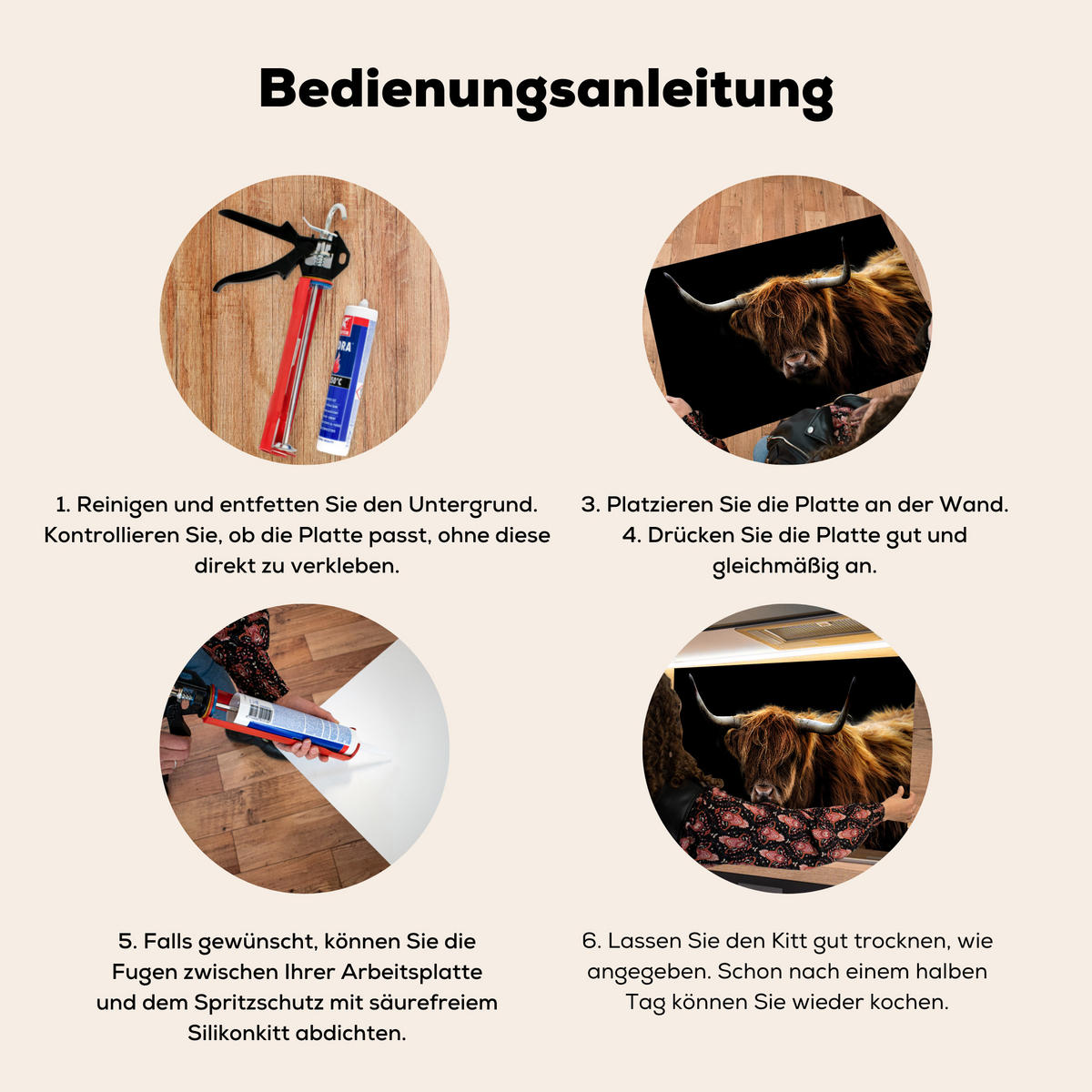 SPRITZSCHUTZ KÜCHE Schottischer Highlander - Hörner - Schwarz - Tiere - Natur - Wild - Kuh 80x55 cm - Cognac, Metall (80/0.3/55cm) - MuchoWow