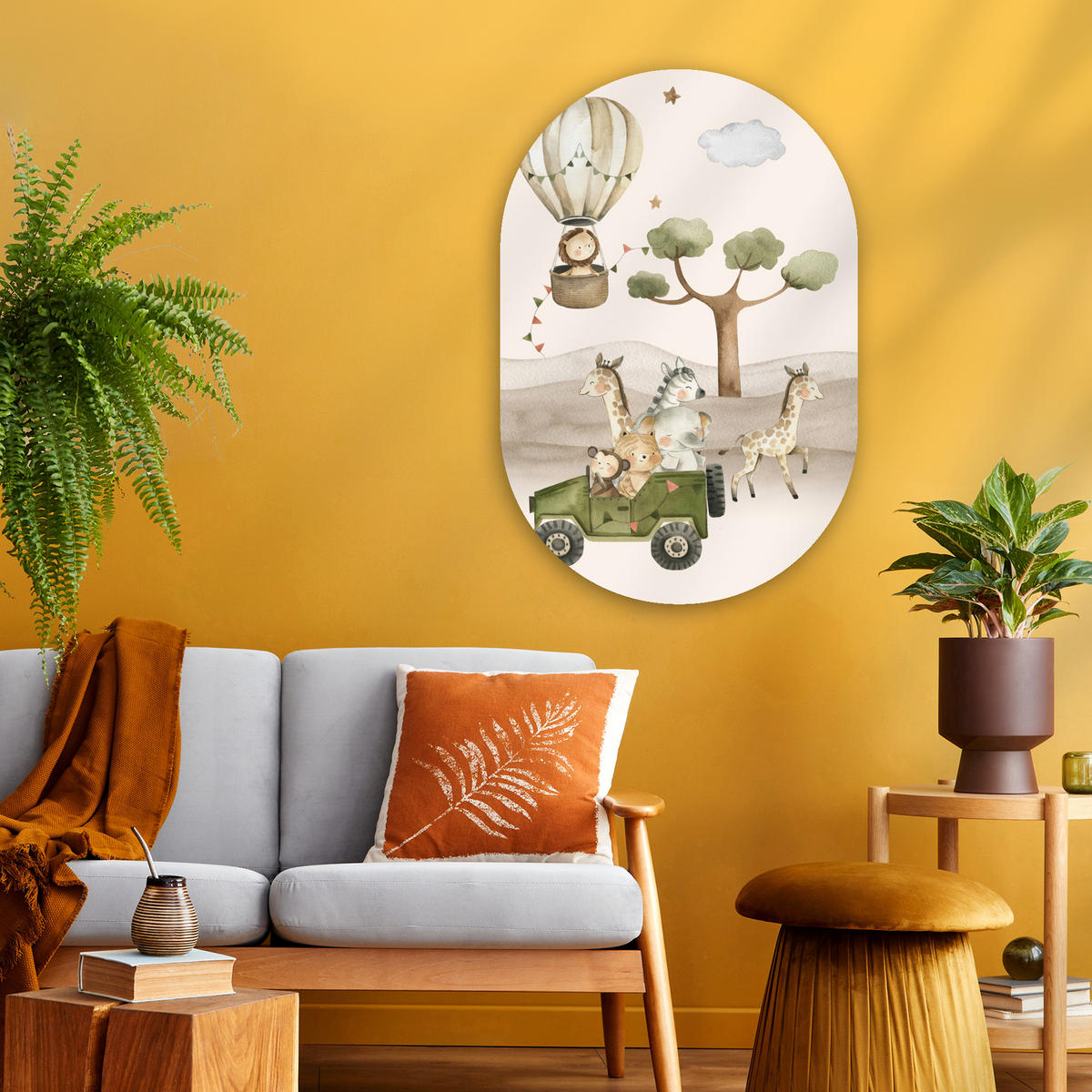 WANDBILD Wilde Tiere - Safari - Aquarell - Heißluftballon 60x90 cm - Beige, Kunststoff (60/90cm) - MuchoWow