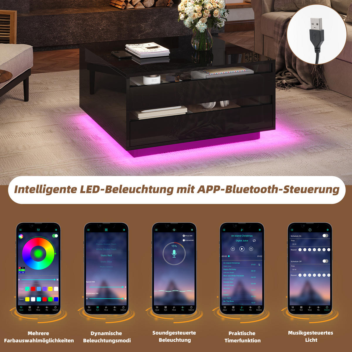 COUCHTISCH DE-107 LiftLED Hochglanz Schwarz - Schwarz, Holzwerkstoff (70/70/38cm) - ComfortXL