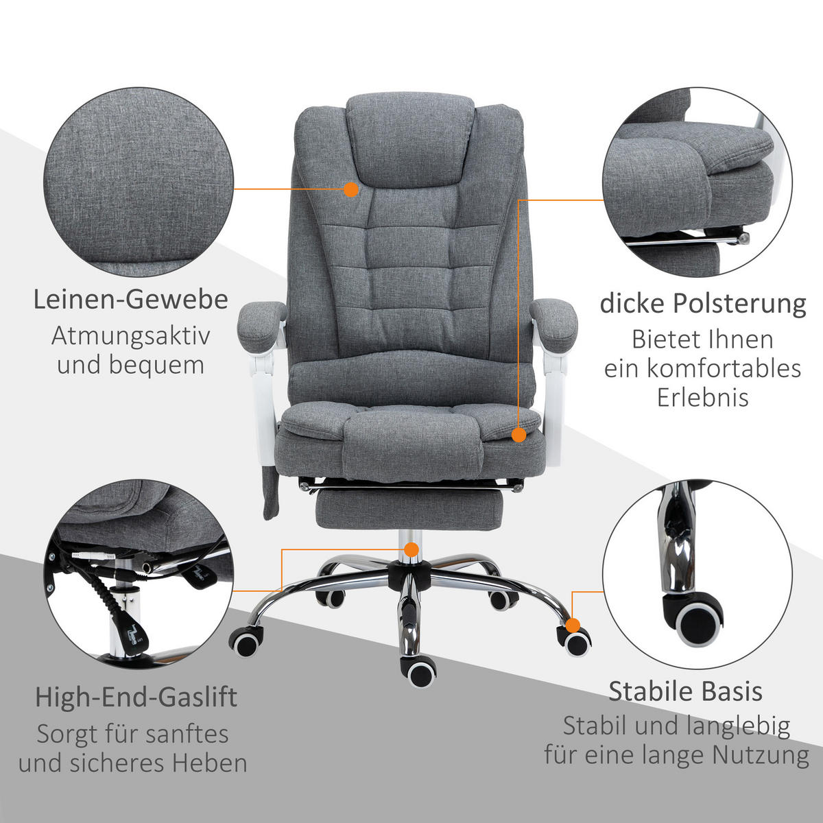 BÜROSTUHL mit Massagefunktion, Ergonomischer Schreibtischstuhl mit Liegefunktion - Silberfarben/Grau, Kunststoff/Textil (70/119/65cm) - Vinsetto