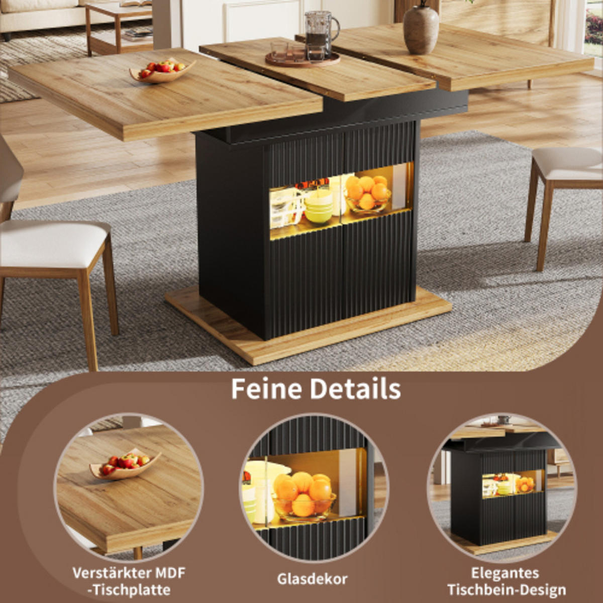 AUSZIEHBARER Esstisch 110-140×80×76 cm aus MDF und Metall mit Stauraum und integrierter LED-Beleuchtung, schwarz - Schwarz, Holzwerkstoff (140/80/76cm) - Luhomfu
