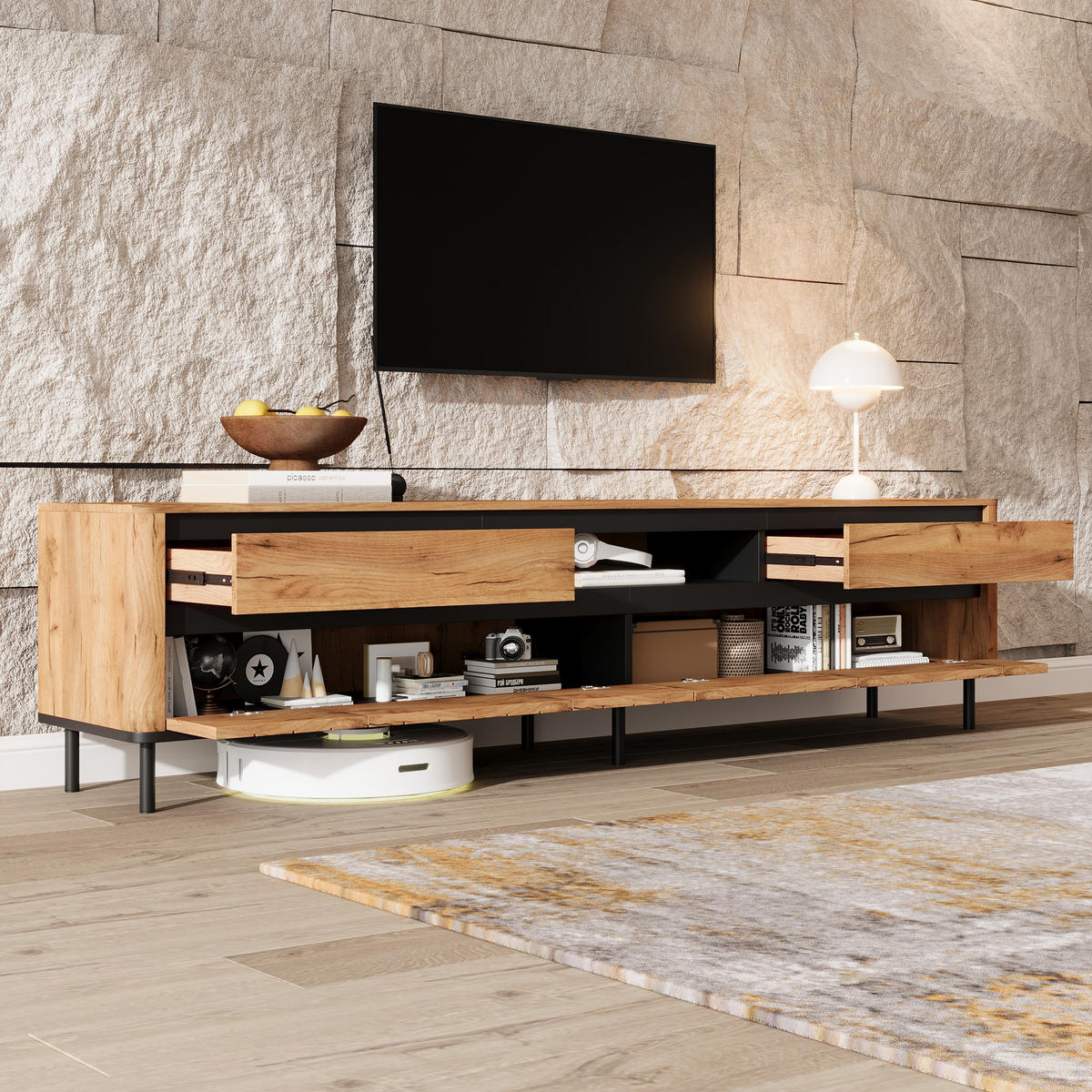 TV-SCHRANK 180/40/52 cm Naturholz mit 2 Schubladen und 2 Klapptüren - Schwarz, Holzwerkstoff/Metall (180/52/40cm) - Oxeza